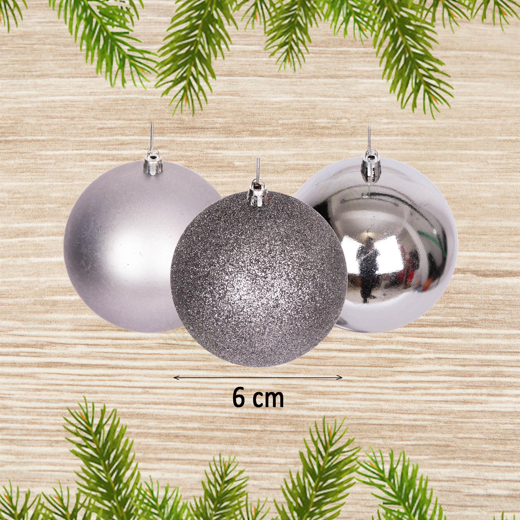 6x Mid Grey Baubles X'Mas Shatterproof Glitter Matte Shiny 6cm Festive Decor UK