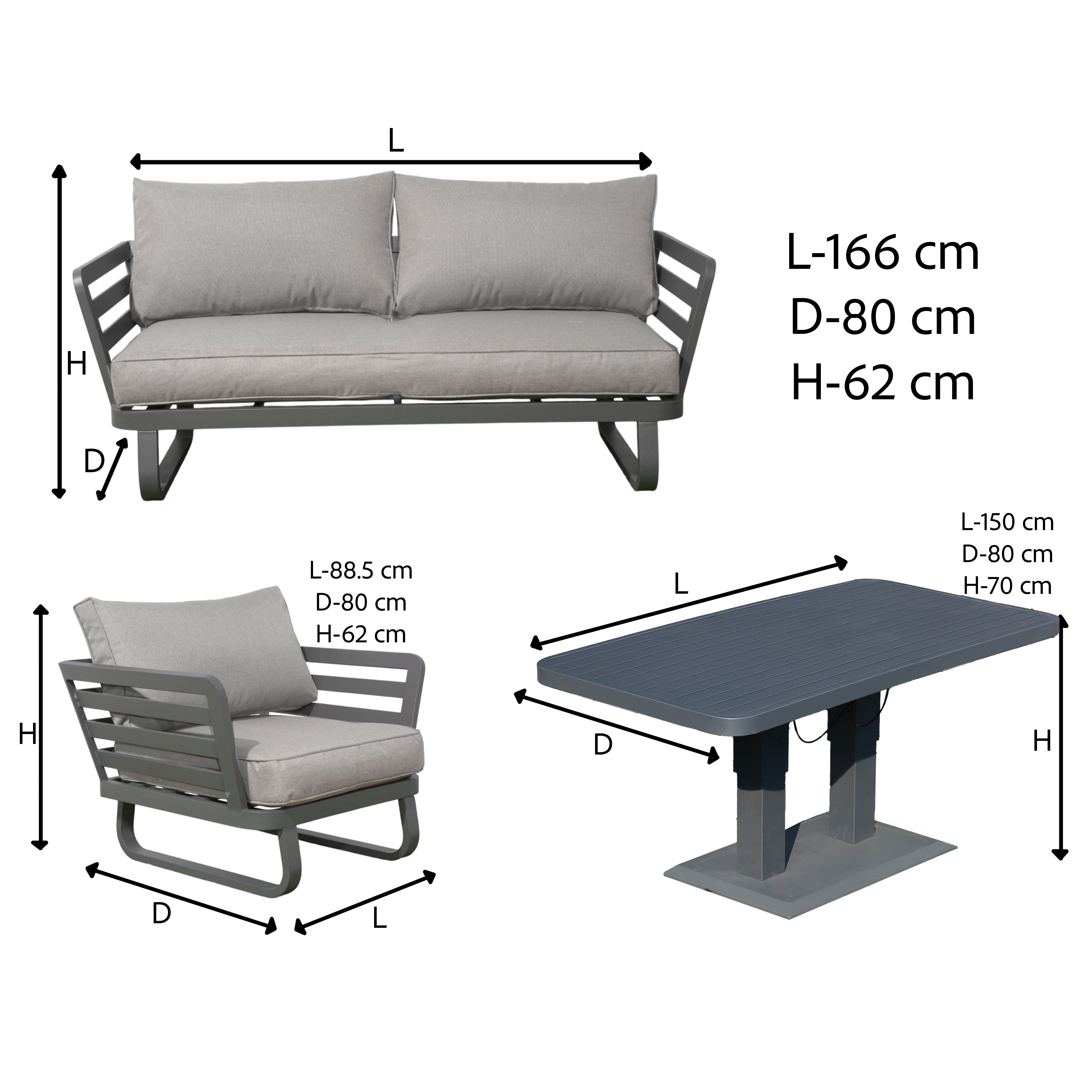 Cannes 4 Seater Aluminium Sofa Lounge Set 4pcs with Adjustable Table