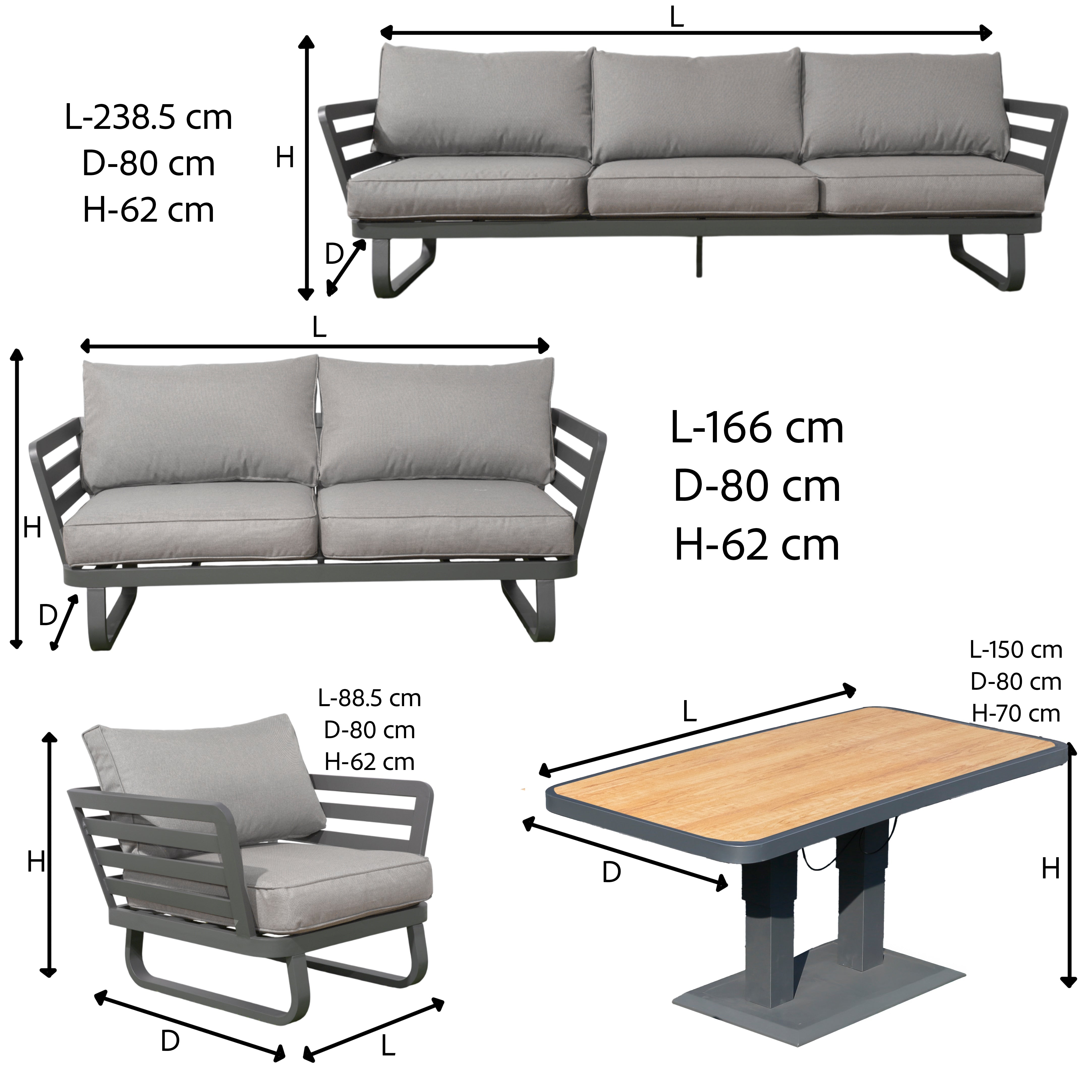 Cannes Grand 7 Seater Aluminium Sofa Lounge Set 5pcs with Adjustable Table