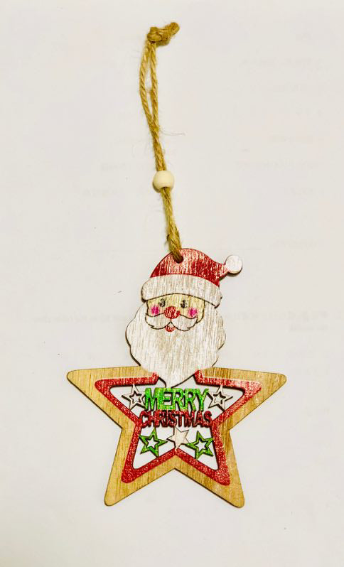Star Shape Santa Head Wooden Christmas Tree Hanging String Decorations Ornaments