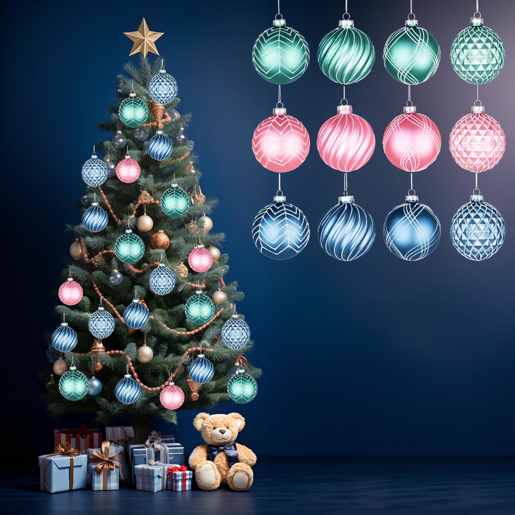 8cm Glass Baubles Christmas Tree Ornament Balls Xmas Hanging Festive Decor 12PCS