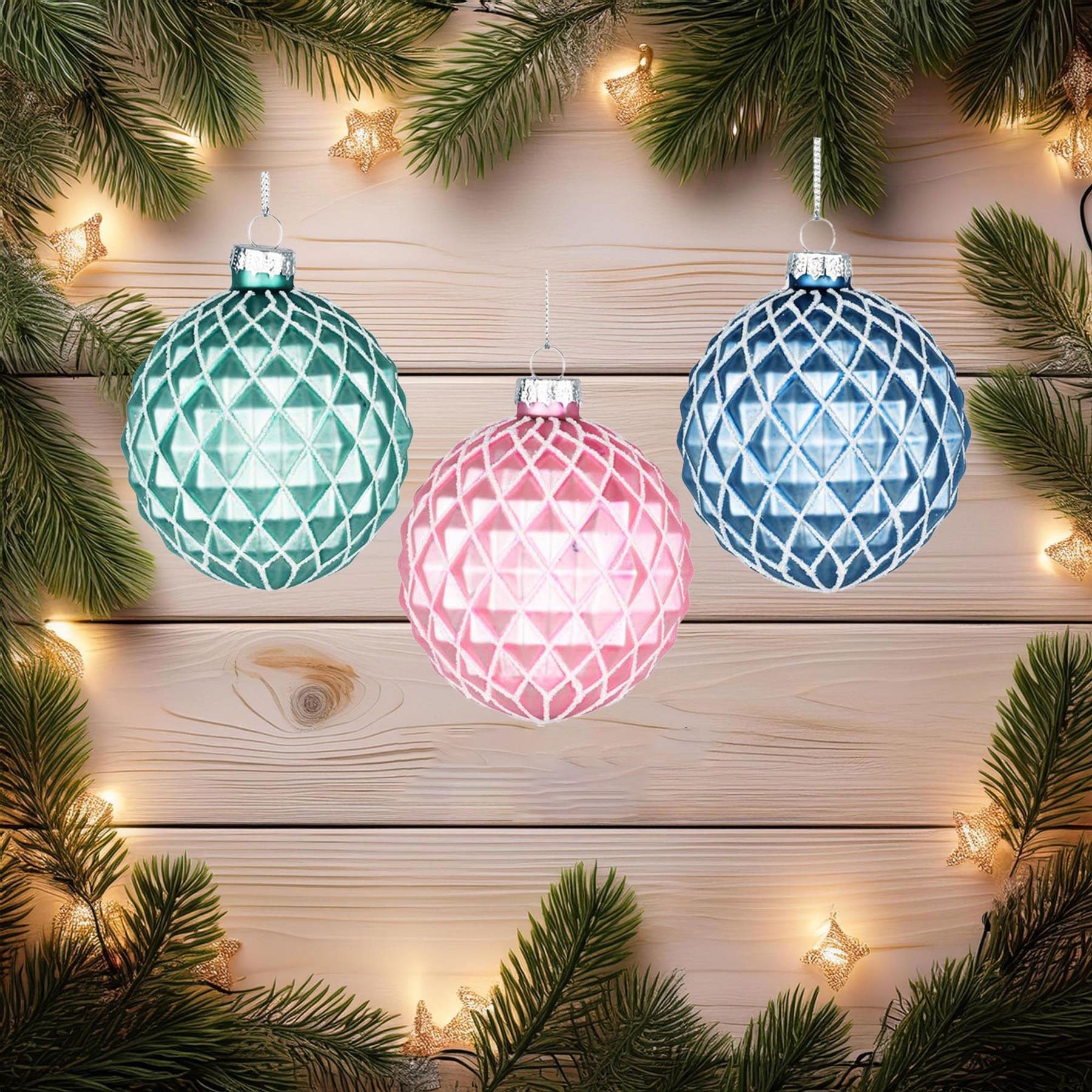 Glass Baubles 12Pcs Set - Green Pink Blue 12 Assorted Design 8Cm Glass Baubles 12Pcs Set - Green Pink Blue 12 Assorted Design 8Cm
