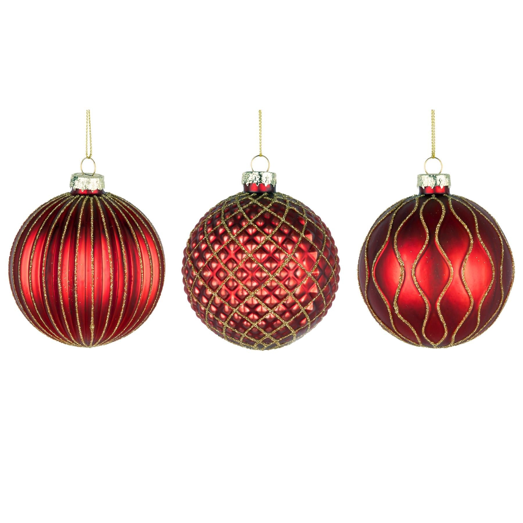 Glass Baubles 12Pcs Set - Red 3 Assorted Design 8Cm Glass Baubles 12Pcs Set - Red 3 Assorted Design 8Cm
