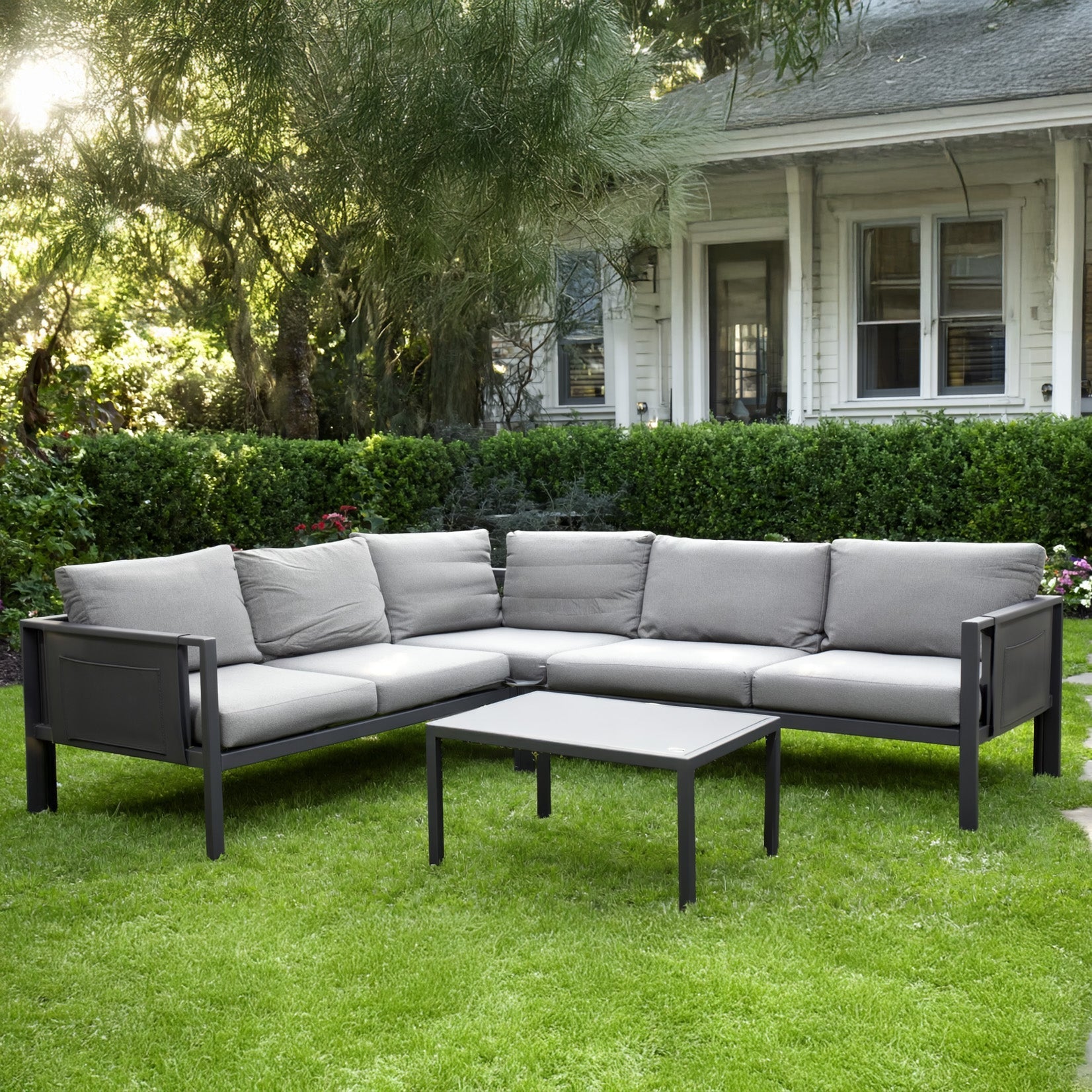 Marseilles Corner Sofa 5 Seater Outdoor Conversation Set w/ Loveseats, Coffee Table & Mesh Pocket Grey