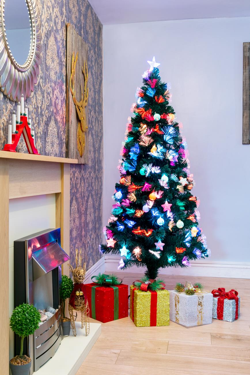 Pre Lit Christmas Tree Fiber Optic Pine LED Bauble Star Xmas Home Decoration 5FT