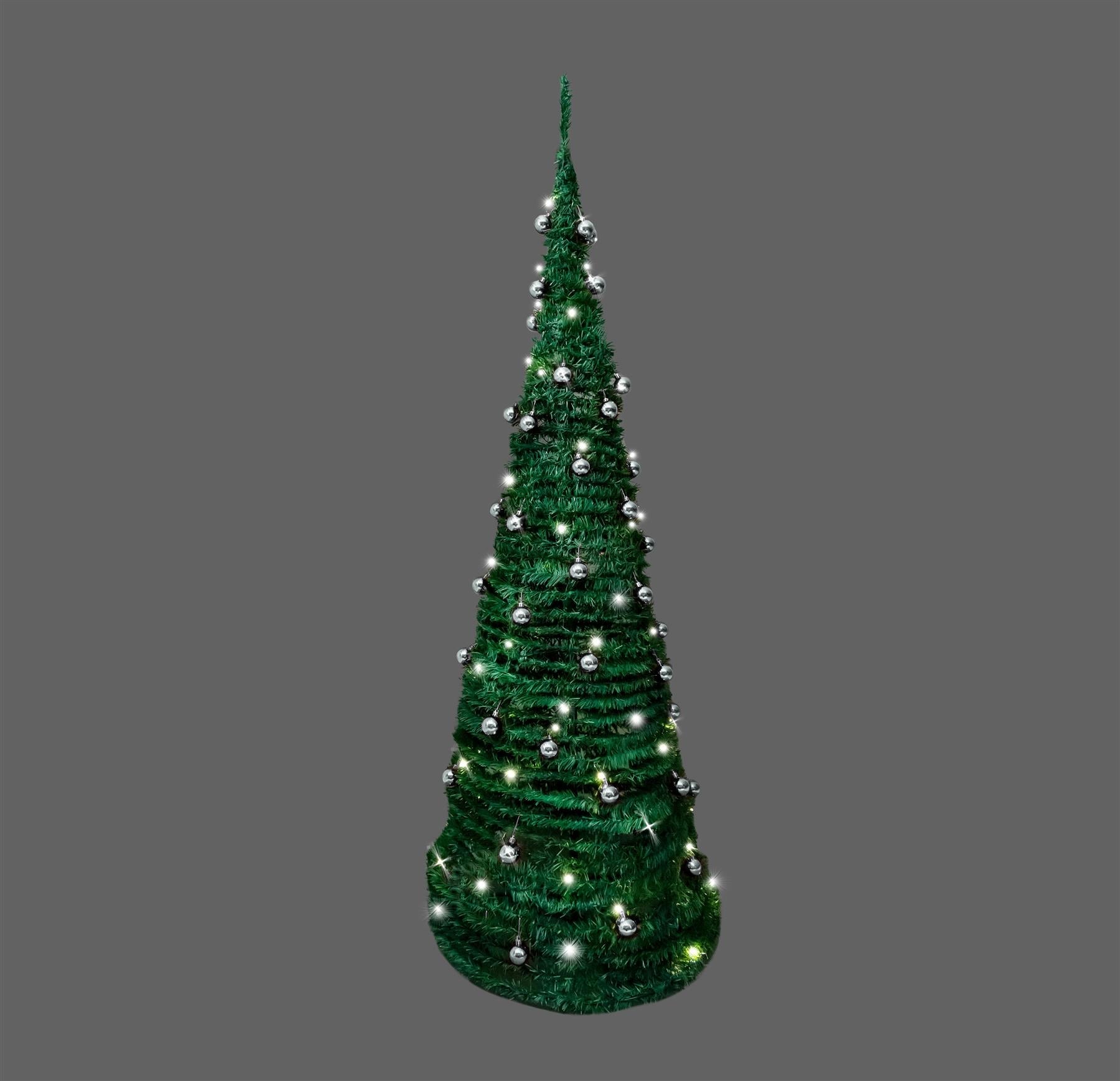 5FT Pop Up Christmas Tree Pre Lit Battery Operated LED Silver Baubles Xmas Decor