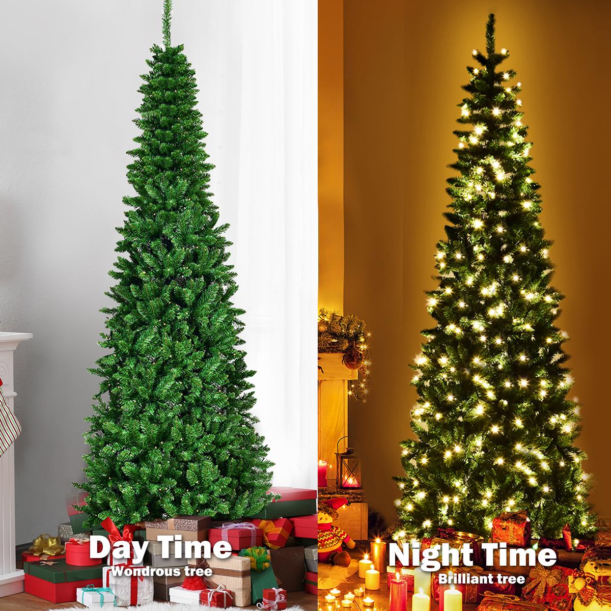 Slim Pre Lit Christmas Tree Pencil Green Artificial Bushy Pine XMAS Decor 4FT UK