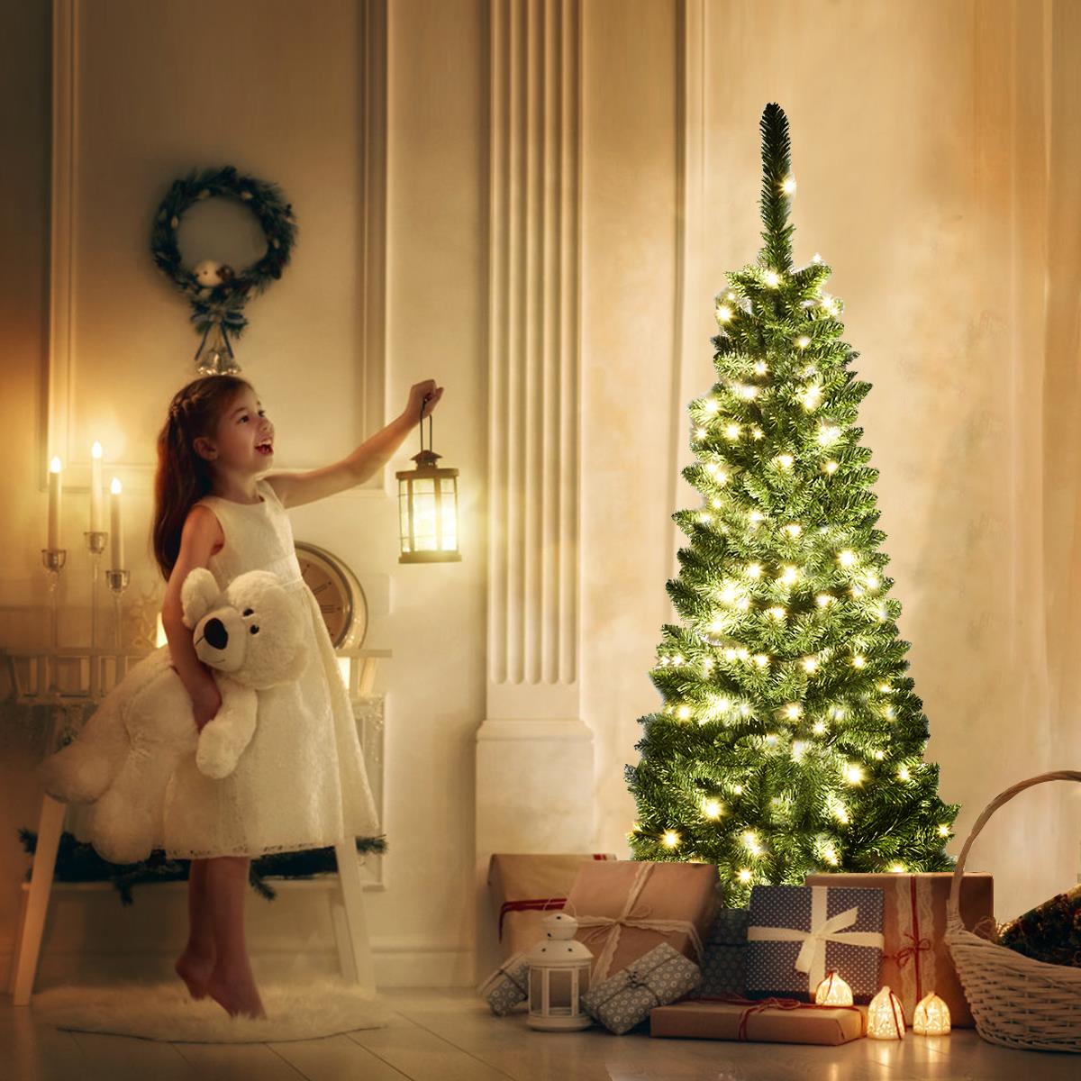 Slim Pre Lit Christmas Tree Pencil Green Artificial Bushy Pine XMAS Decor 4FT UK