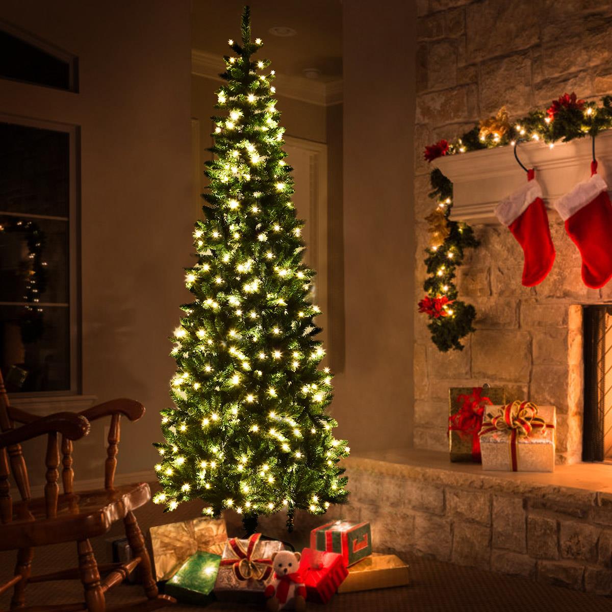 Christmas Tree Pre Lit Slim Pencil Green Artificial Bushy Pine XMAS Decor 5FT UK