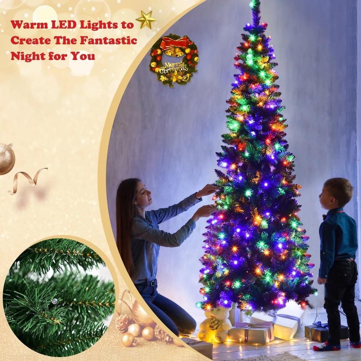 Slim Pre Lit Christmas Tree Pencil Green Artificial Bushy Pine XMAS Decor 5FT UK