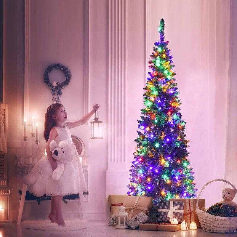 Slim Pre Lit Christmas Tree Pencil Green Artificial Bushy Pine XMAS Decor 5FT UK
