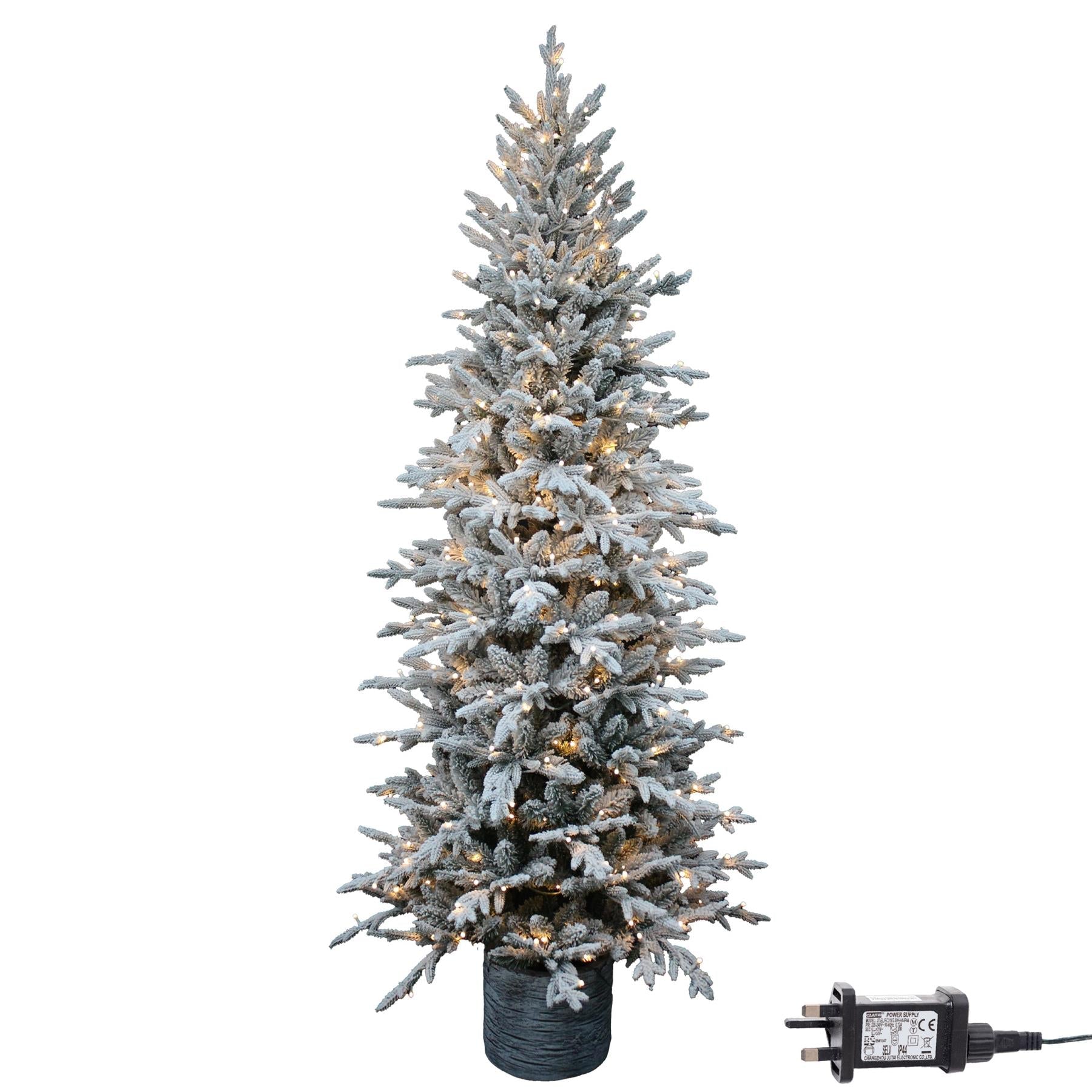 5Ft/1.5m Pre Lit Potted Snow Flocked Christmas Tree with 100 Warm White LED Lights Changing 8 Modes, PE PVC Mixed Snowy Tips, Resin Base Stand, 150 cm