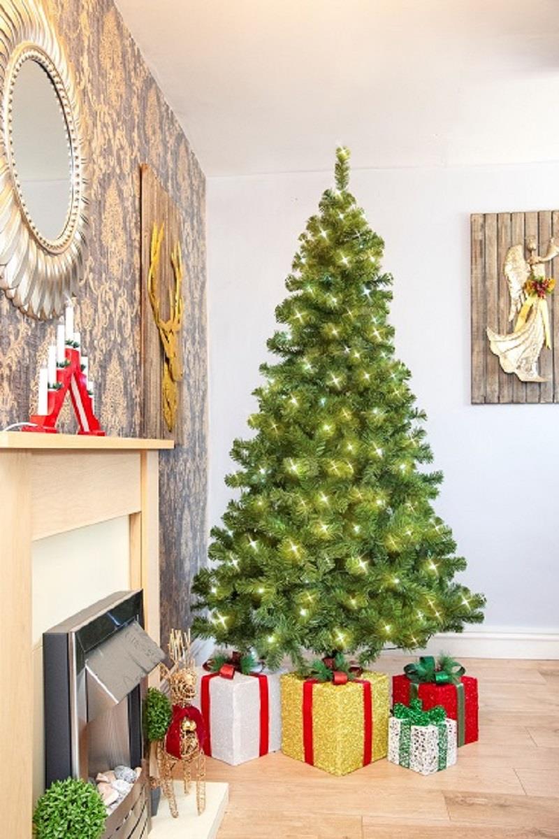 Pre-Lit Alaskan Pine Artificial Christmas Tree with LEDs Metal Stand Tips Xmas Holiday Home Decorations, 4Ft-12ft (Green/Black/White), 7Ft