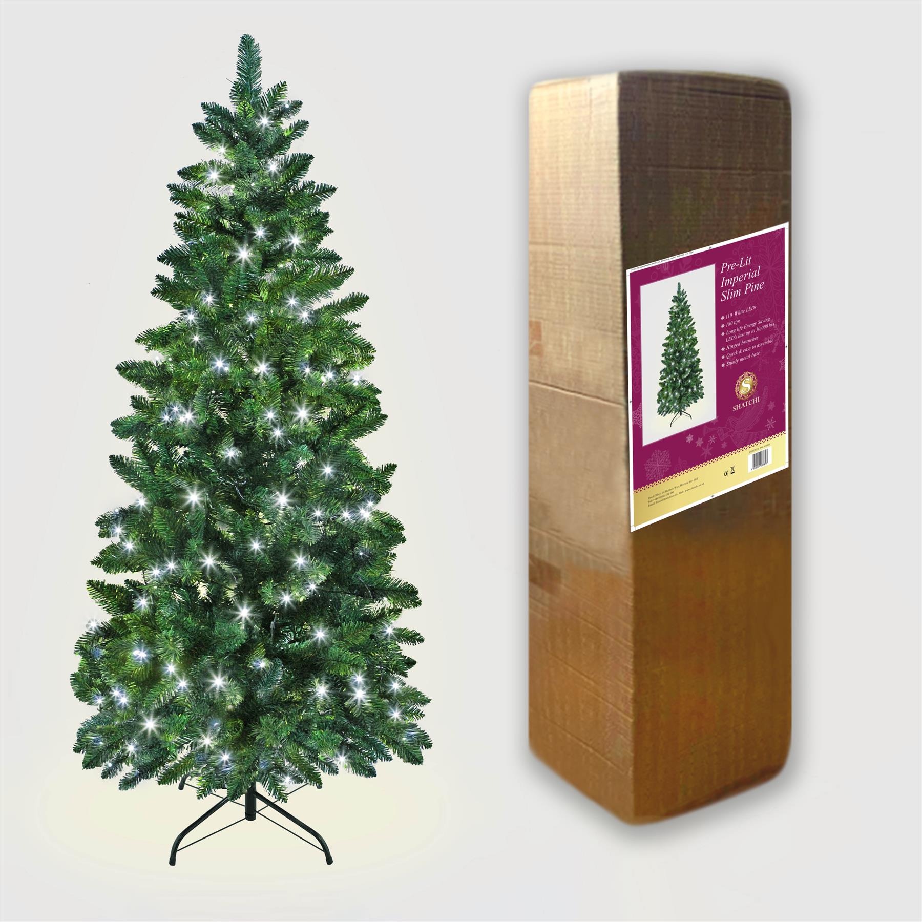 Pre-Lit Slim Pine Green Tree Christmas Holiday Festive Xmas Home Decorations Pencil Point Tips, 4FT-8FT(WW/CW/MC), Metal, Cool White LEDs, 4Ft