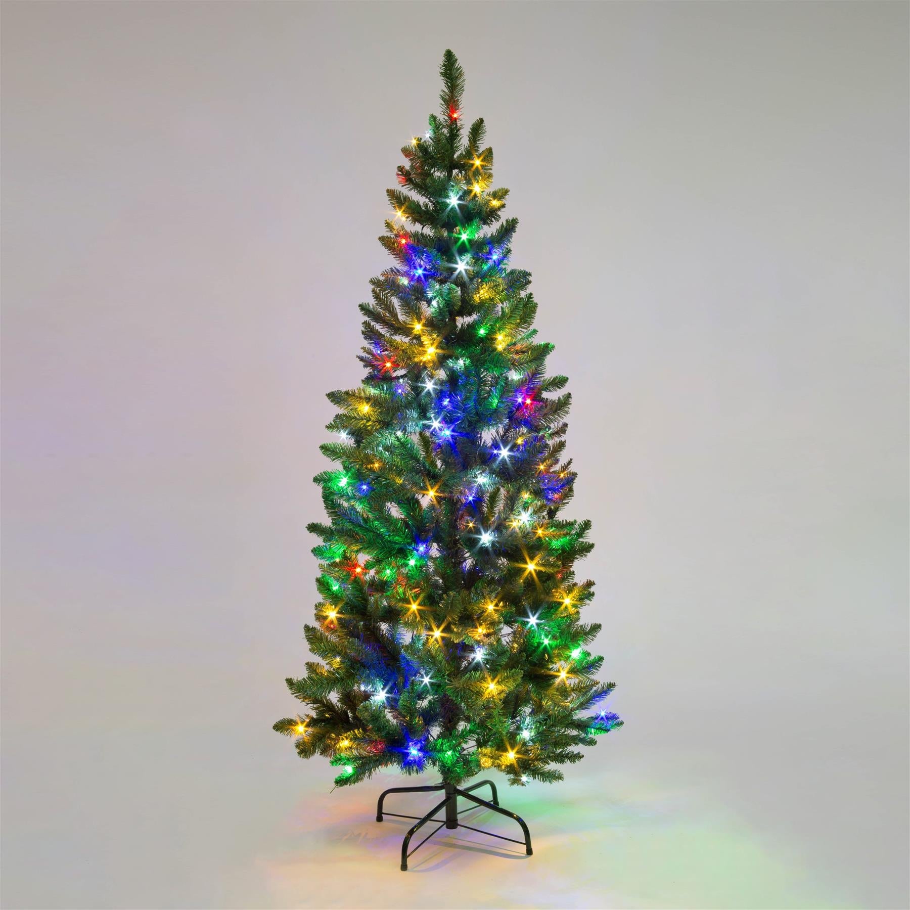 Pre-Lit Slim Pine Green Tree Christmas Holiday Festive Xmas Home Decorations Pencil Point Tips, 4FT-8FT(WW/CW/MC), Metal, Multicolour LEDs, 7Ft
