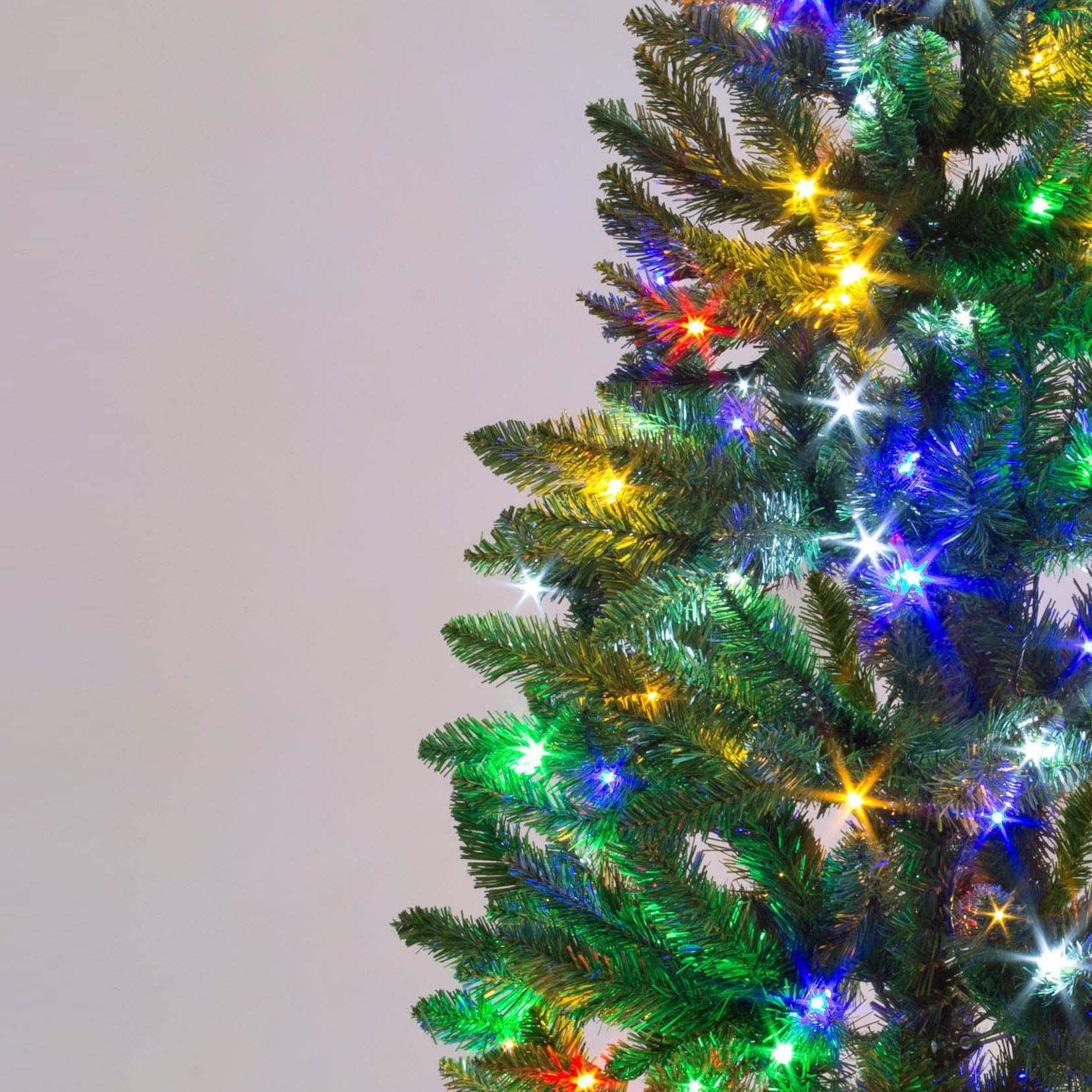 Pre-Lit Slim Pine Green Tree Christmas Holiday Festive Xmas Home Decorations Pencil Point Tips, 4FT-8FT(WW/CW/MC), Metal, Multicolour LEDs, 7Ft