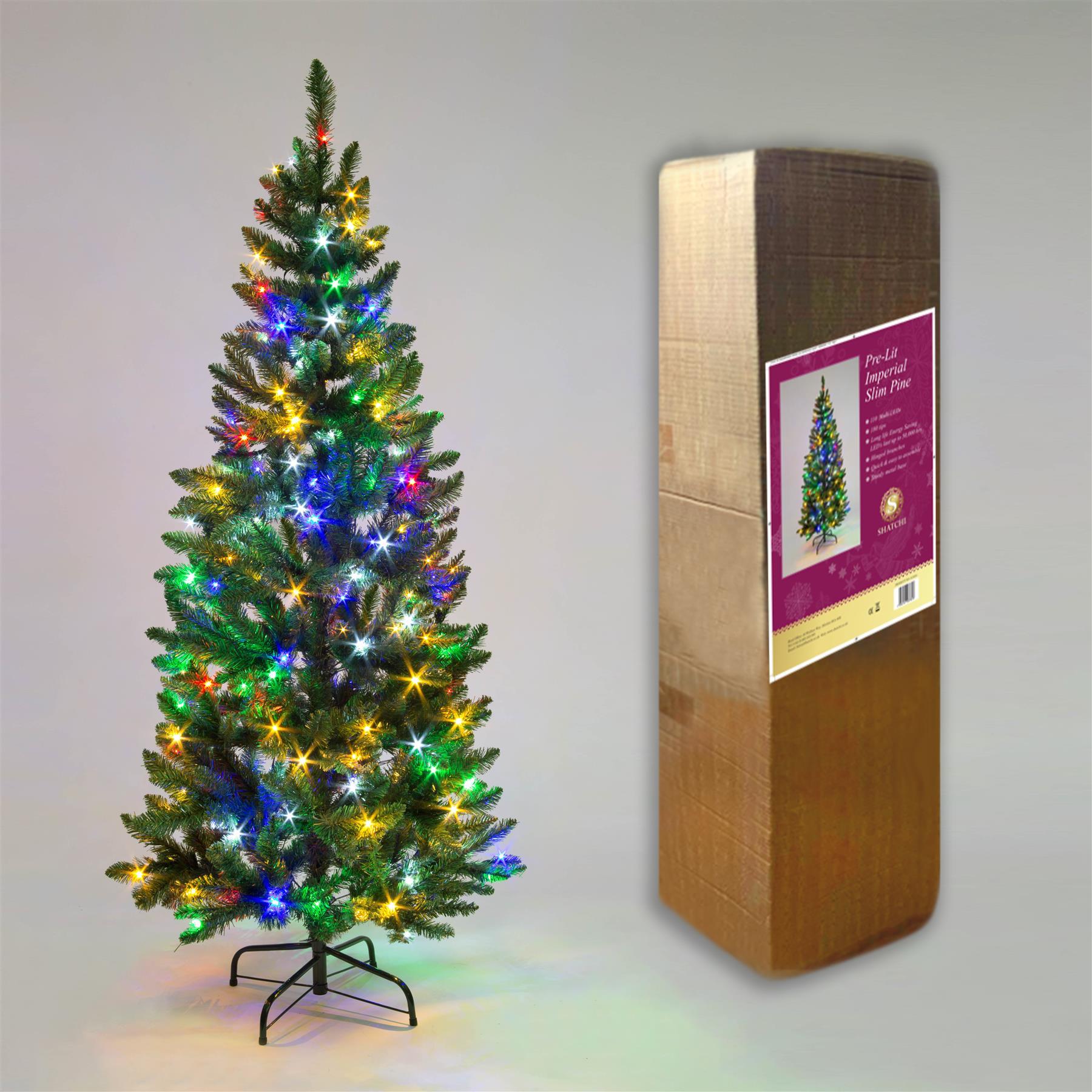 Pre-Lit Slim Pine Green Tree Christmas Holiday Festive Xmas Home Decorations Pencil Point Tips, 4FT-8FT(WW/CW/MC), Metal, Multicolour LEDs, 7Ft