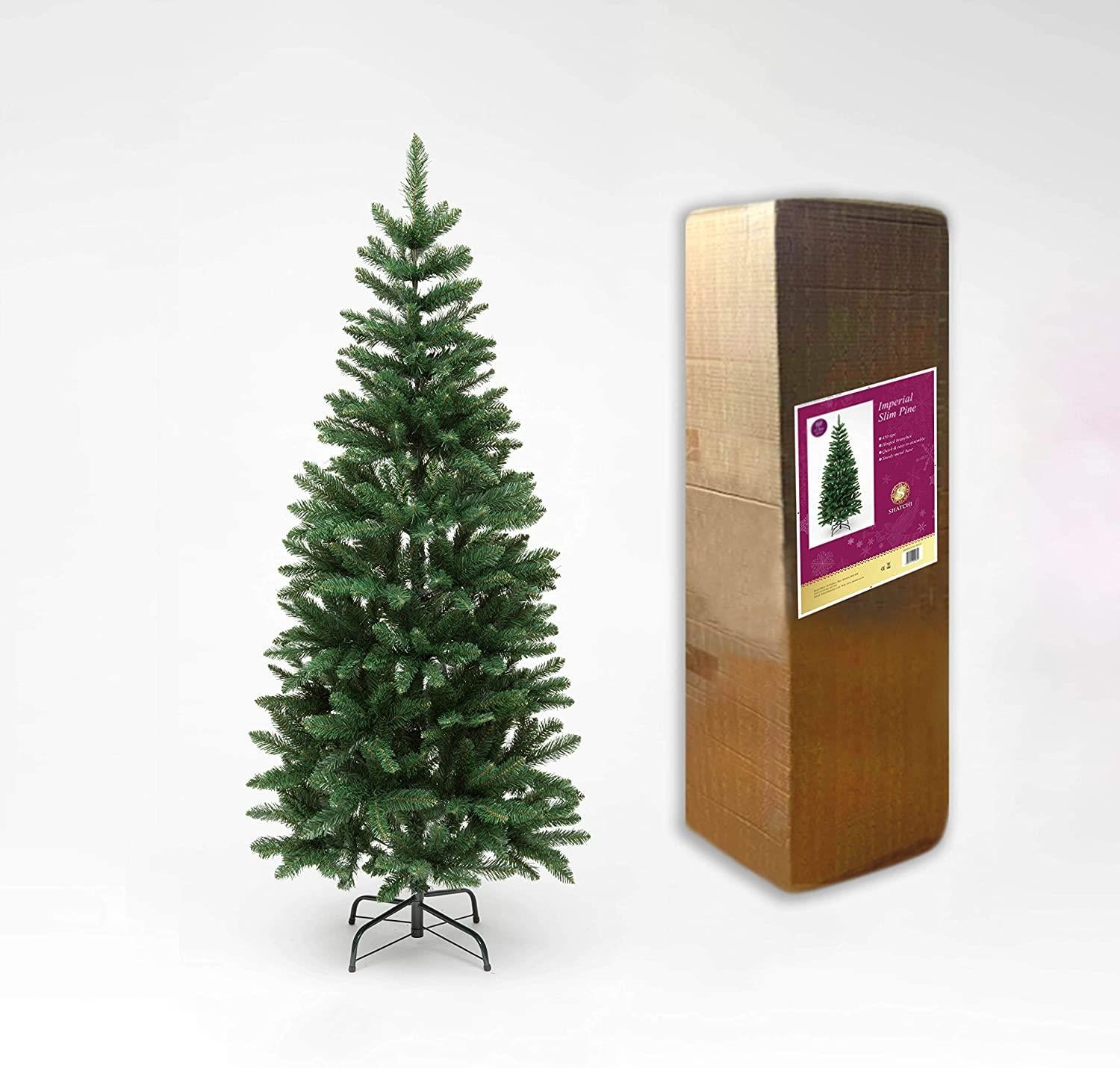 Slim Pine Green Tree Christmas Holiday Festive Xmas Home Decorations with Pencil Point Tips, 4FT-8FT, Metal, 5Ft