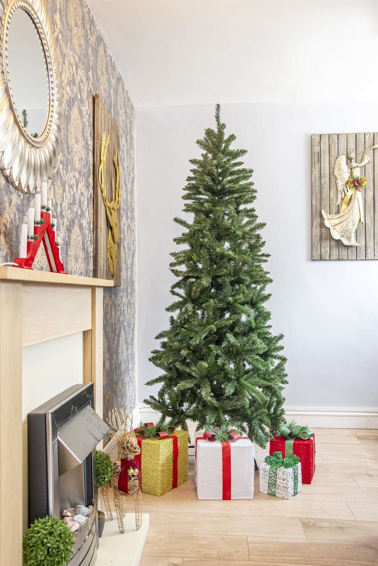 Slim Pine Green Tree Christmas Holiday Festive Xmas Home Decorations with Pencil Point Tips, 4FT-8FT, Metal, 5Ft