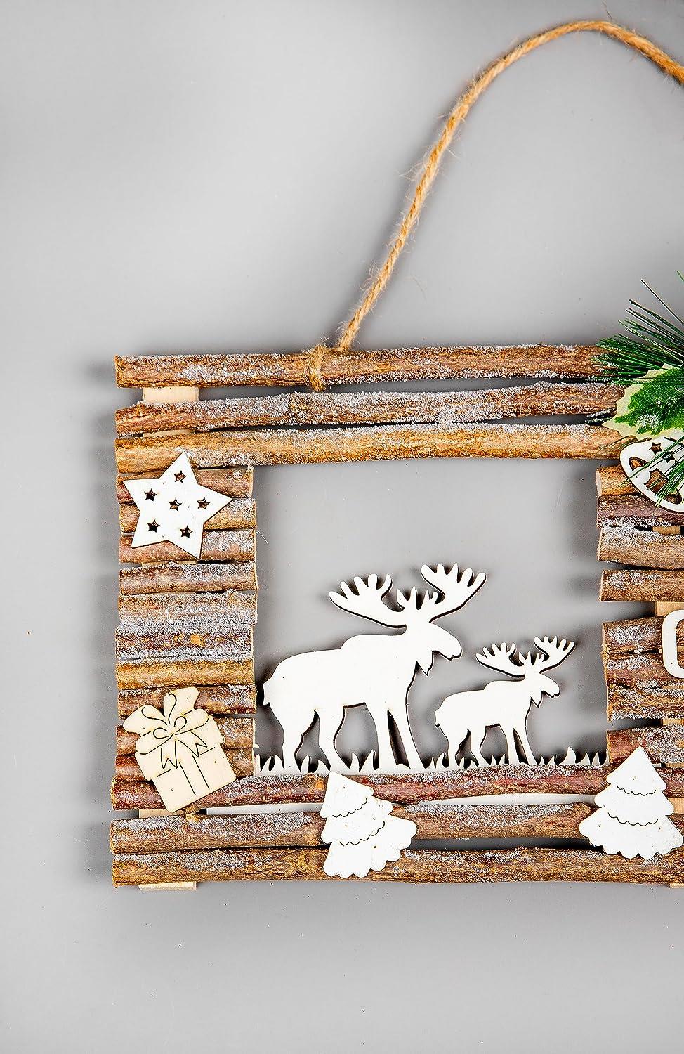 Merry Christmas Wooden Twig Frame 40cm Reindeer Door Wall Xmas Hanging Decor