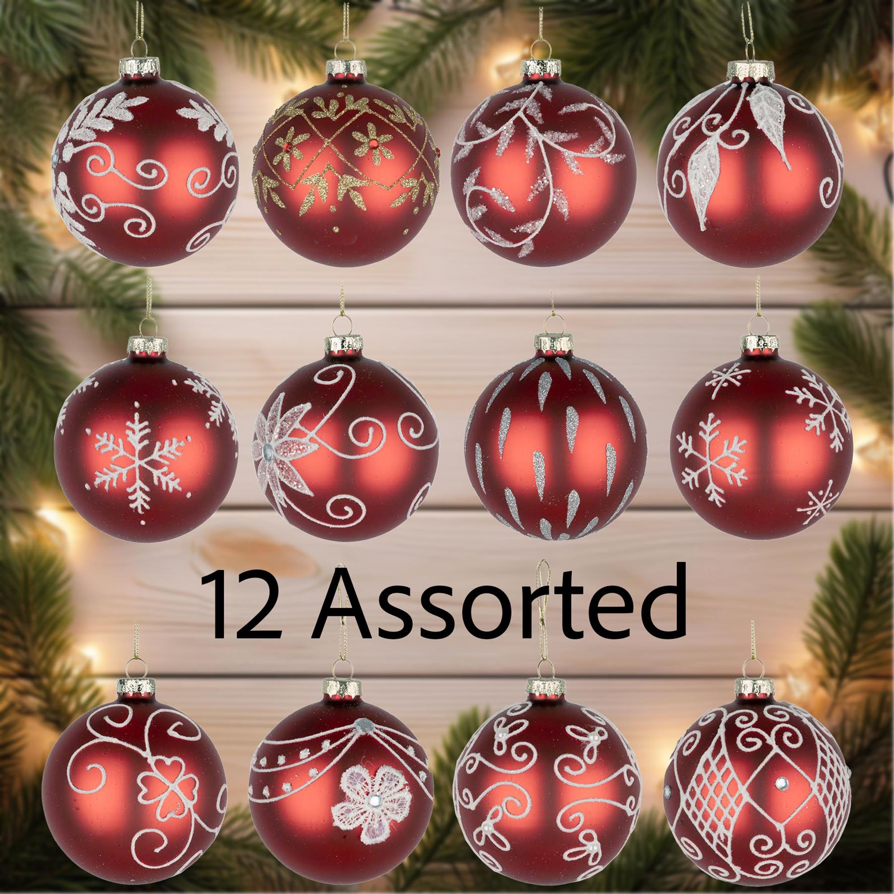Glass Baubles 12Pcs Set - Red 12 Assorted Design 8Cm
