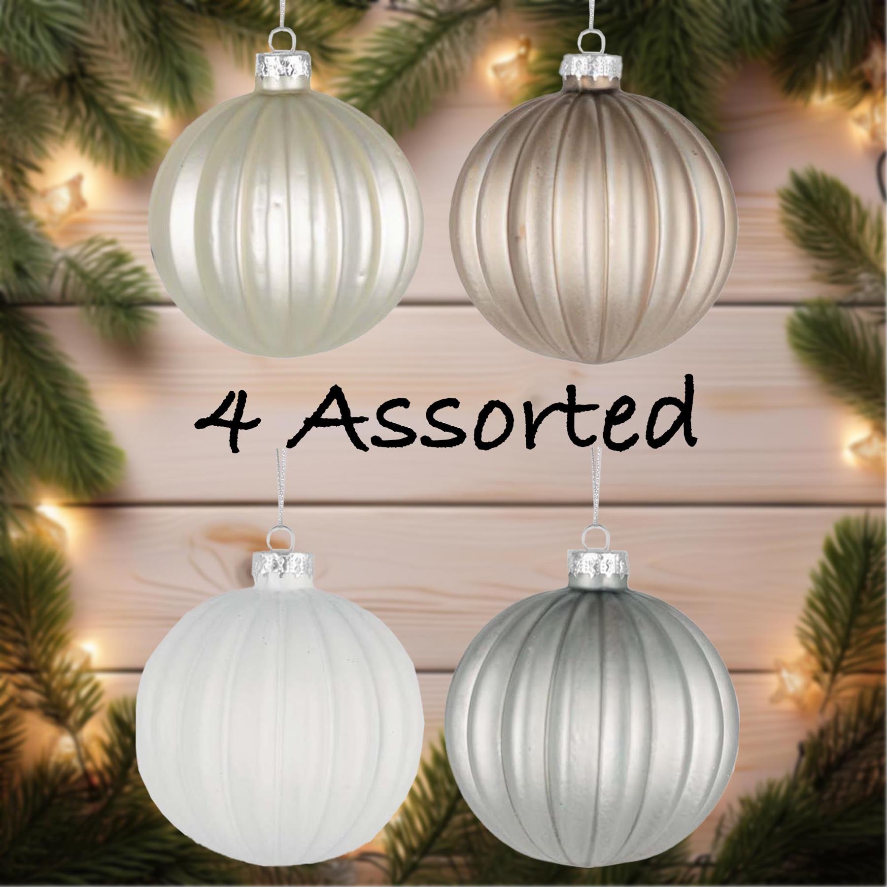 Glass Baubles 12Pcs Set - Pearlchampagne,White,Silver 4 Assorted Design 8Cm