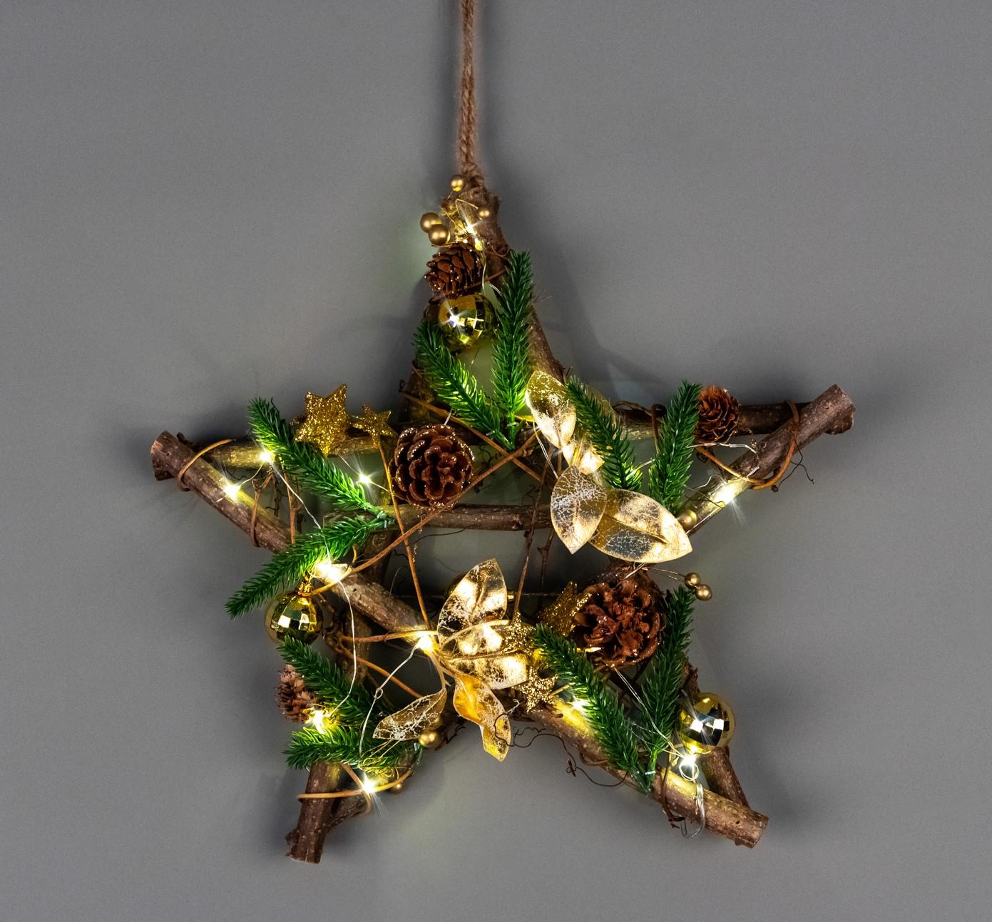 35Cm B/O Led Twig Hanging Star Gold