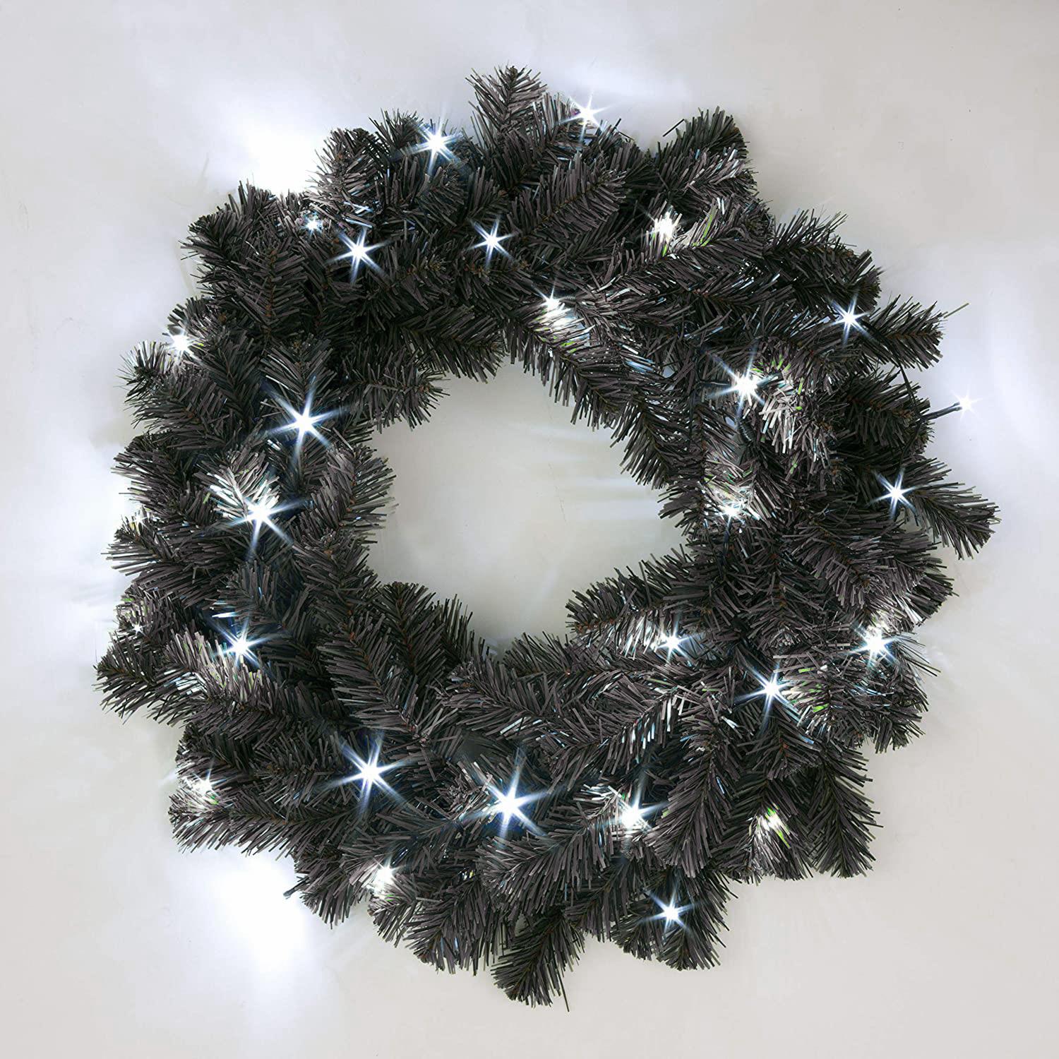 Pre-Lit Alaskan Pine Cool White Leds Black Wreath 55Cm