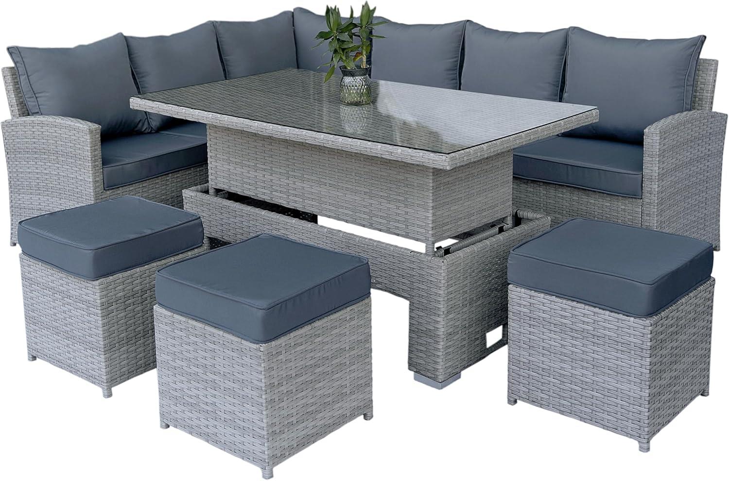 8 Seater Rattan Garden Furniture Corner Sofa Set with Rising Coffee Table, 3pcs Stools, Cushions - Grey