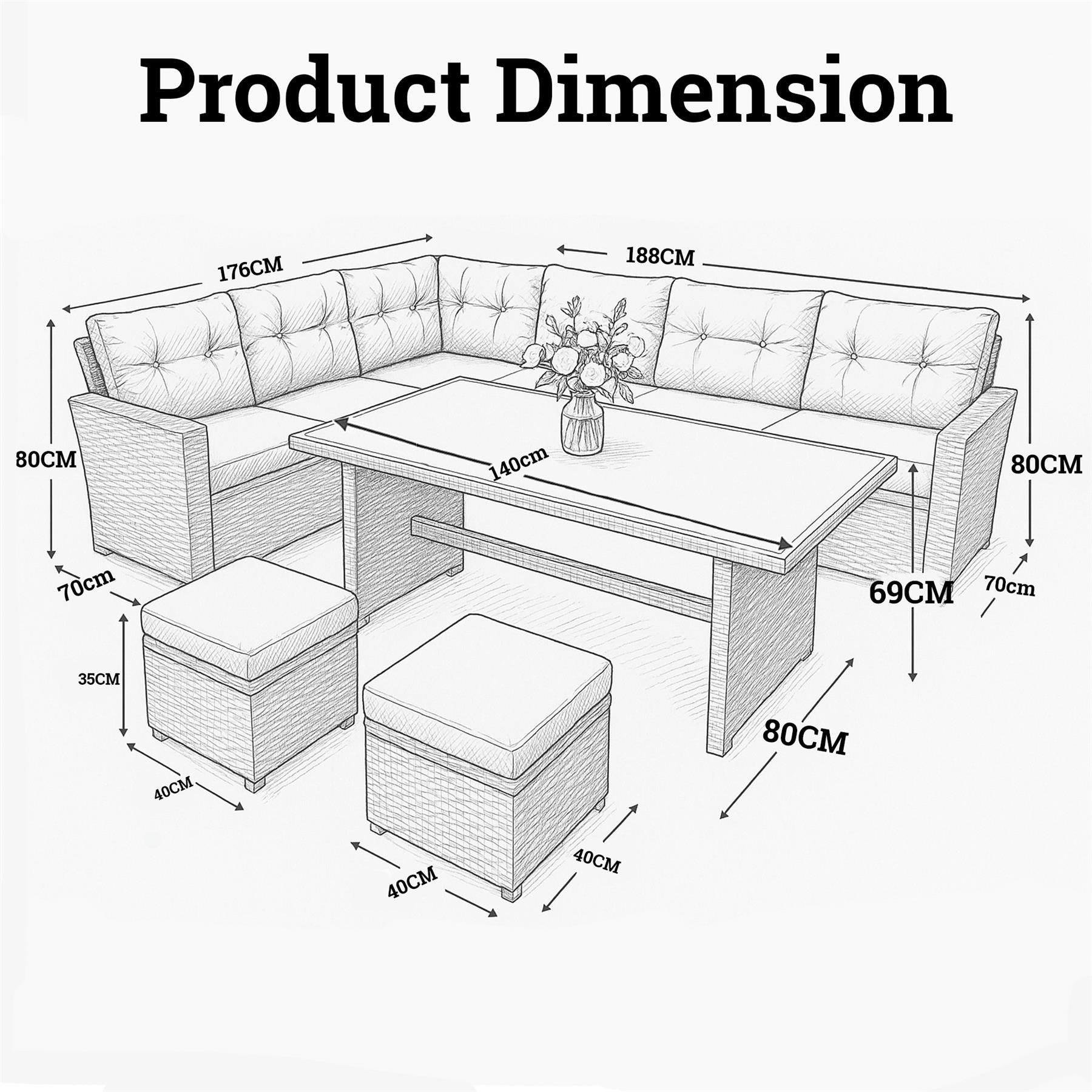 8 Seater Rattan Garden Furniture Corner Sofa Set with Coffee Table, 2pcs Stools, Cushions