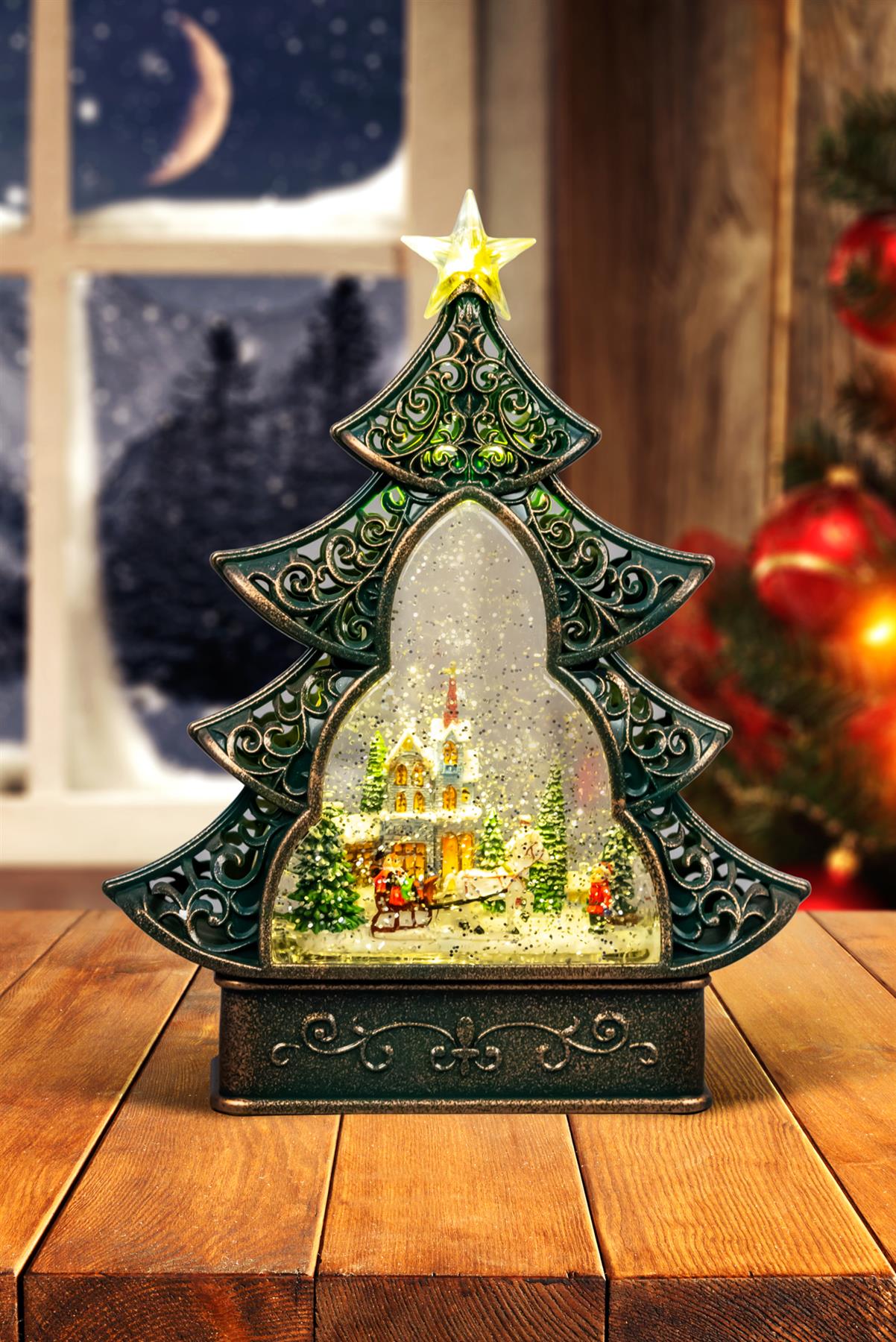 Christmas Tree Light Up Nativity Water Snow Globe