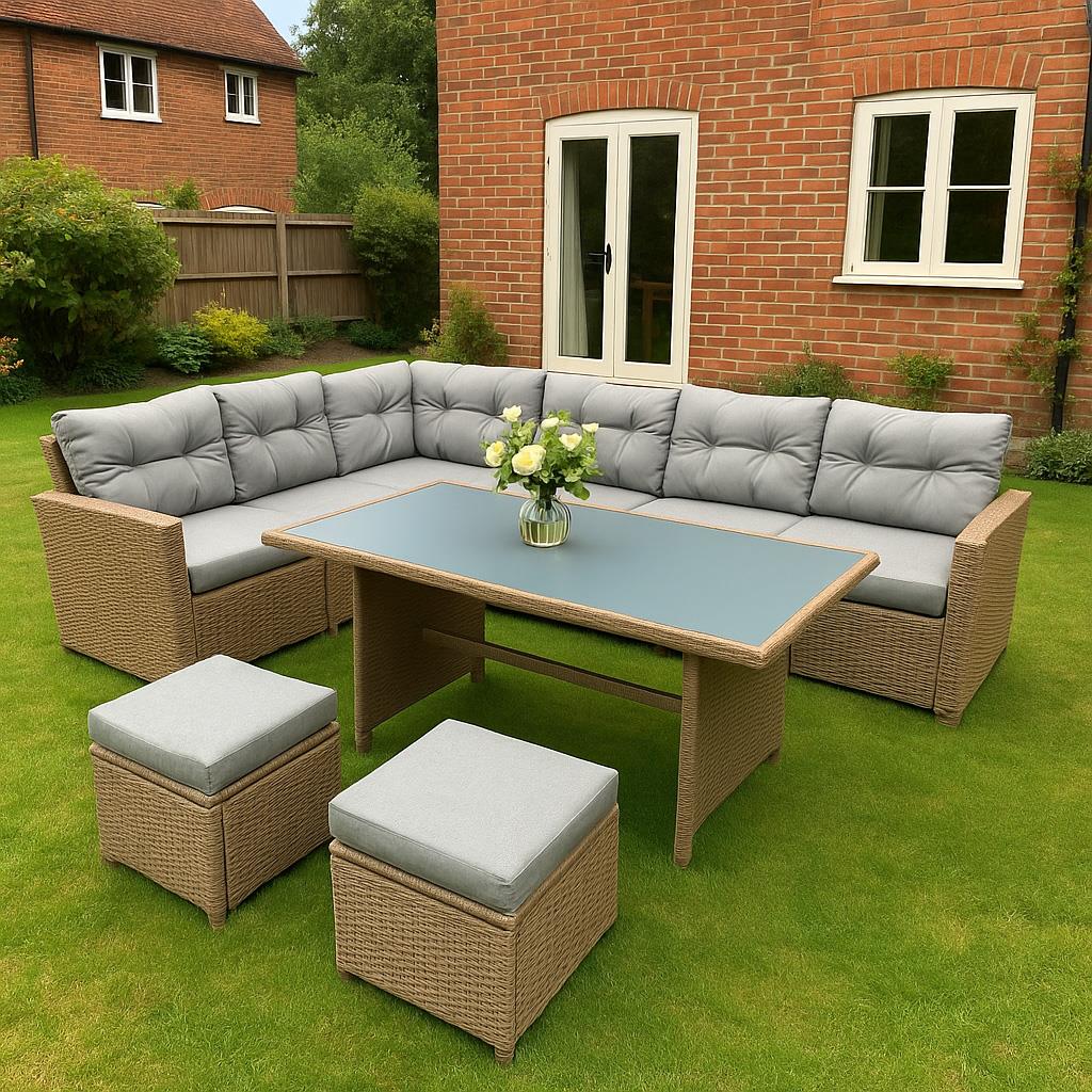 8 Seater Rattan Garden Furniture Corner Sofa Set with Coffee Table, 2pcs Stools, Cushions
