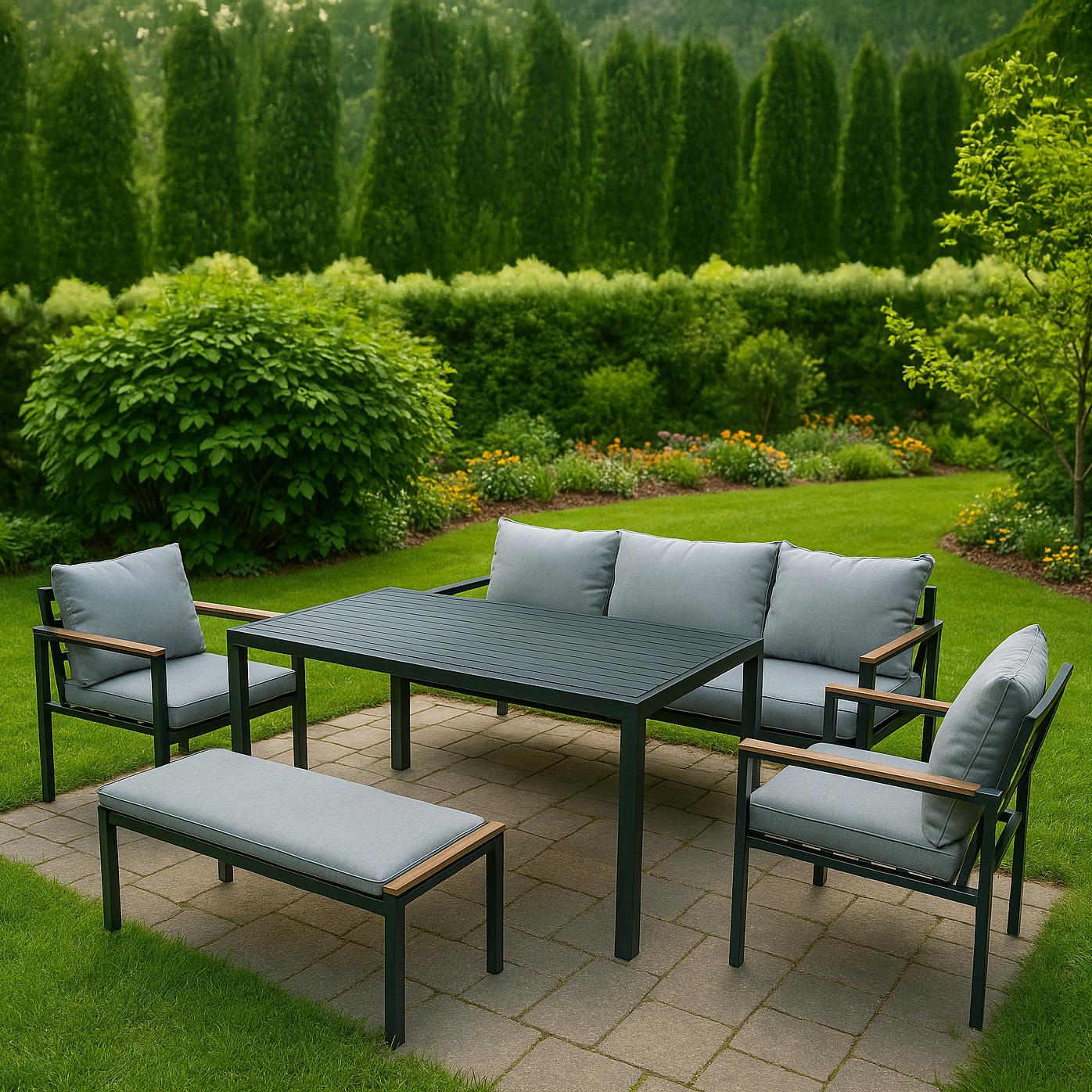 6 Seater Outdoor Garden Sofa Set - Aluminium 5Pcs Garden Furniture Set - Black