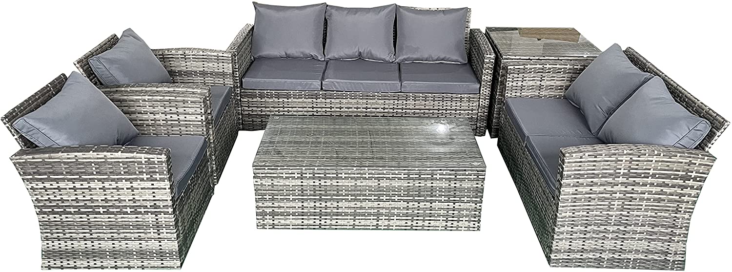 6 Seater Rattan Garden Furniture with three 2 Seater Sofa, Chairs, a Table and Storage Box
