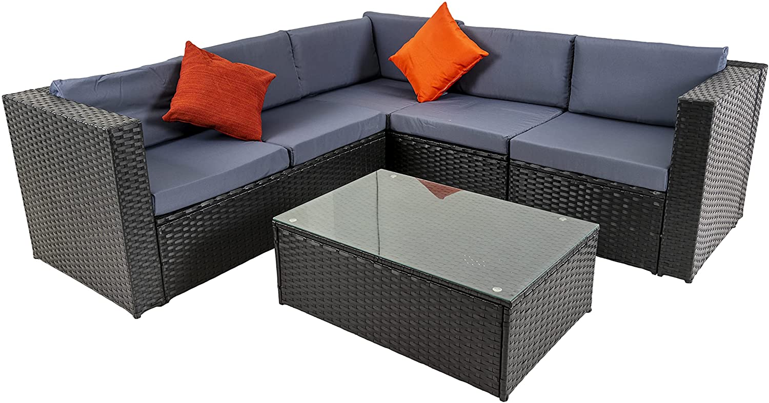 4 Seater Garden Furniture in Rattan, Grey-Coloured with a large Rattan corner Sofa, and table