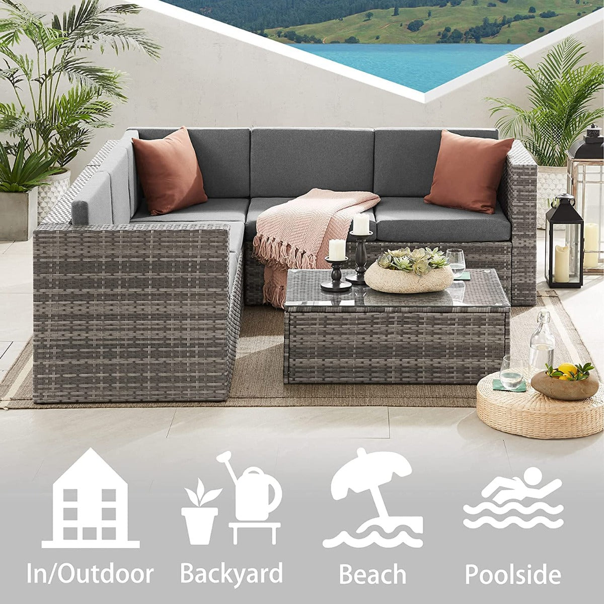 4 Seater Garden Furniture in Rattan, Grey-Coloured with a large Rattan corner Sofa, and table