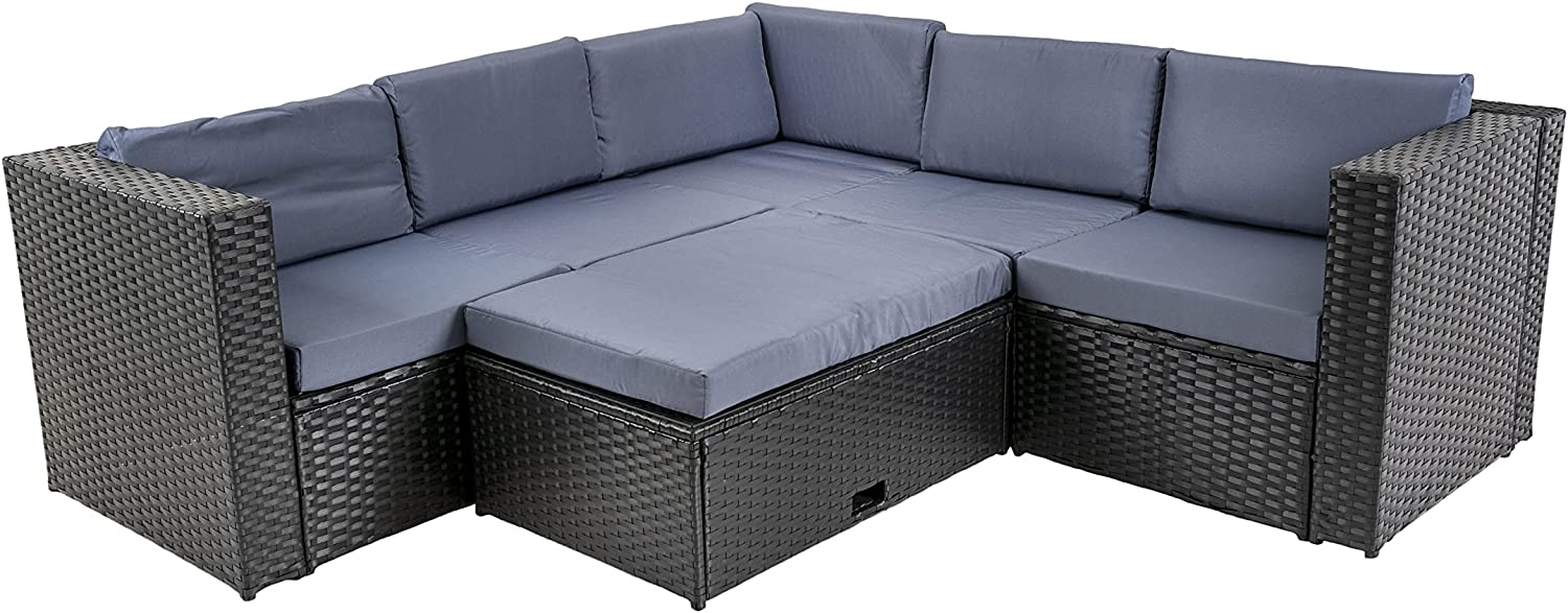 4 Seater Garden Furniture in Rattan, Grey-Coloured with a large Rattan corner Sofa, and table