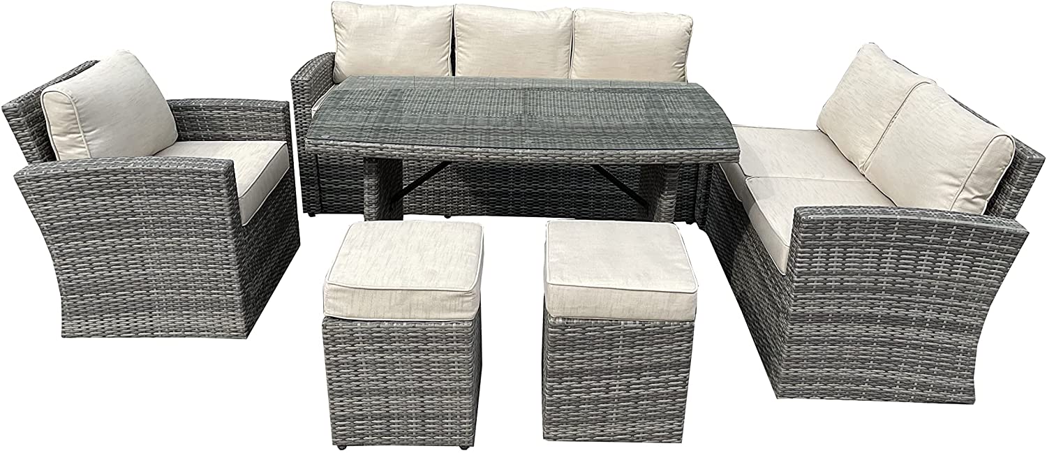 8 Seater Grey Rattan Sofa with Two Stools, One 1 Seater, One 2 Seater and One 3 Seater Sofa
