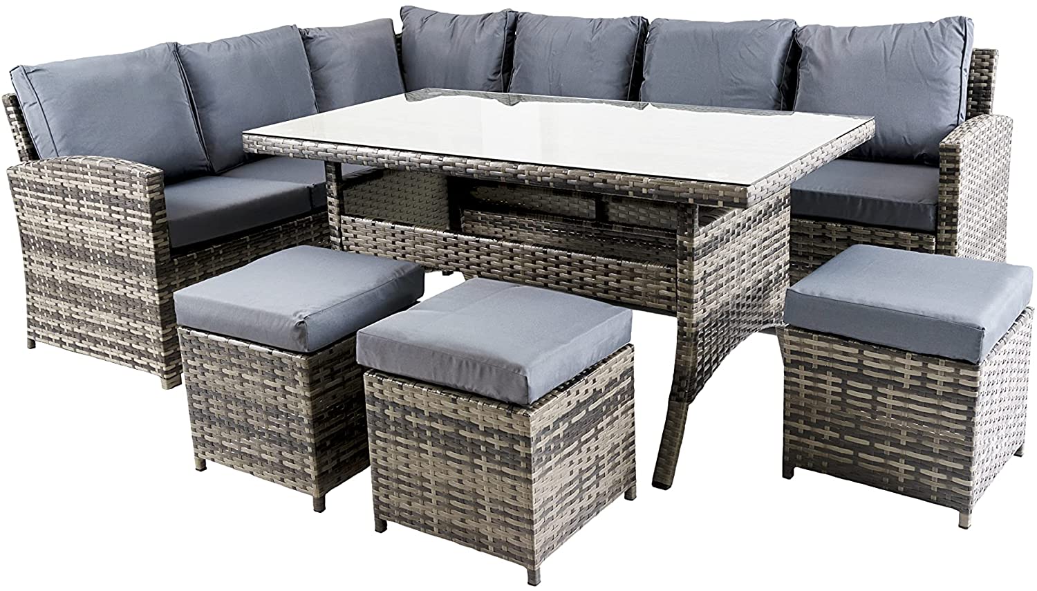 10 Seater garden Furniture in Grey colour with UV-Treated Large Corner Sofa, Stools and Table