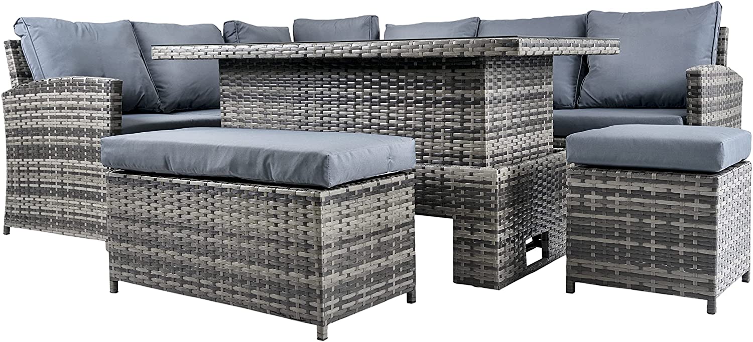 8 Seater Rattan Garden Furniture in Grey colour with UV-Treated Large Corner Sofa, Stools and Table