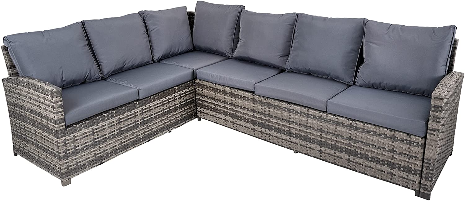 8 Seater Rattan Garden Furniture in Grey colour with UV-Treated Large Corner Sofa, Stools and Table
