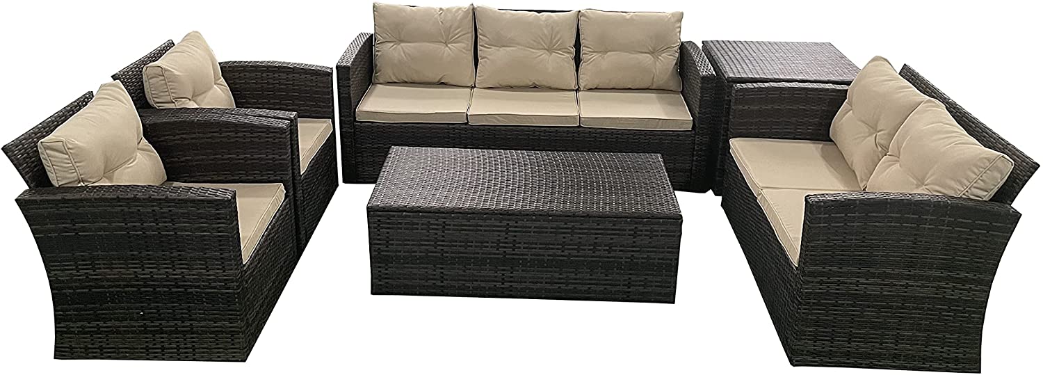 6 Seater Brown Garden Furniture with High Quality UV-Treated PE Rattan Weave Material with Storage