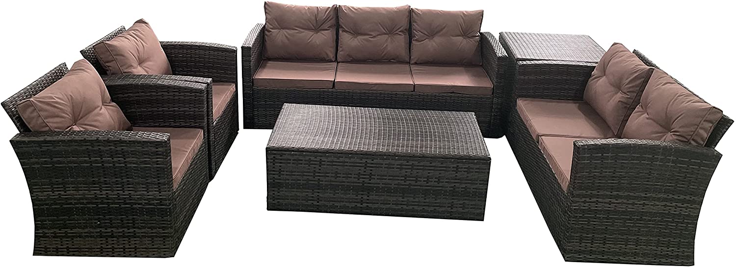 6 Seater Brown Garden Furniture with High Quality UV-Treated PE Rattan Weave Material with Storage