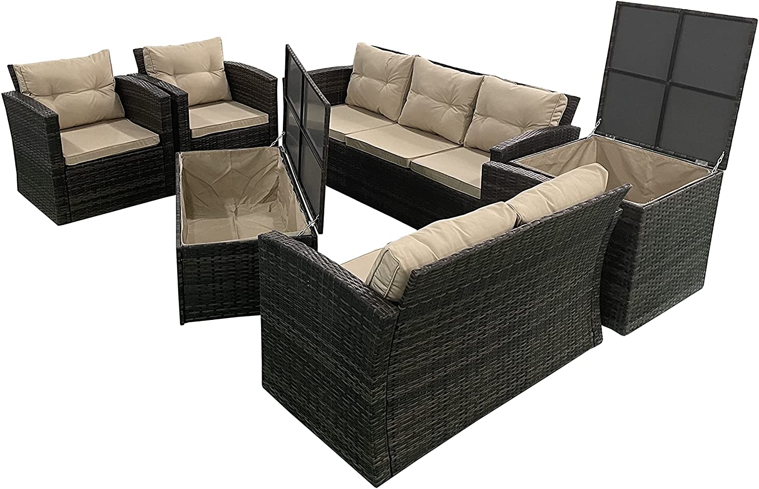 6 Seater Brown Garden Furniture with High Quality UV-Treated PE Rattan Weave Material with Storage