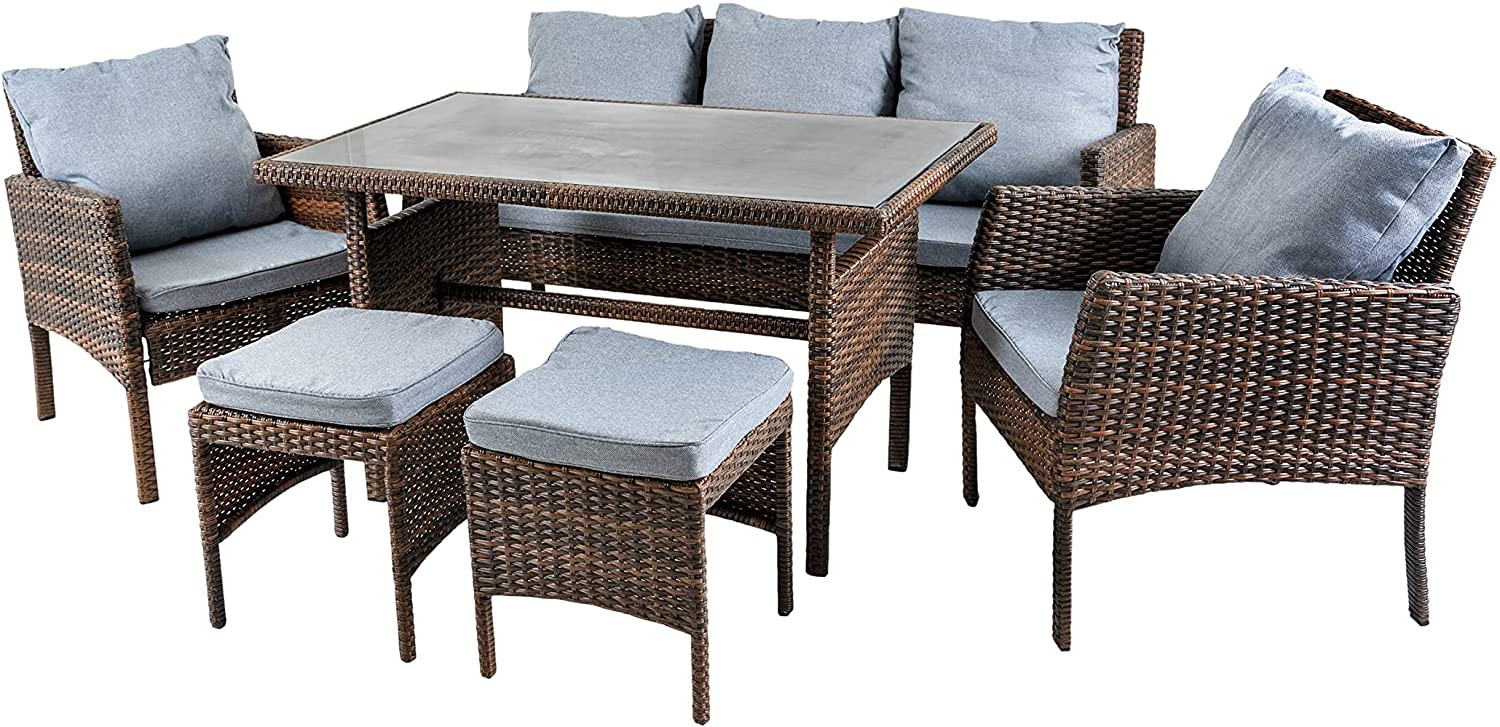 6 Seater Rattan Set of Light/Dark Brown Sofa, Table, 2 Chairs and 2 Stools for Outdoor Patio