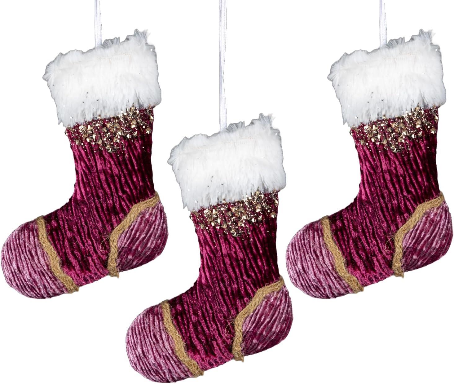 15Cm Burgandy / Pink Stocking - 3Pcs Christmas Hanging Decorations