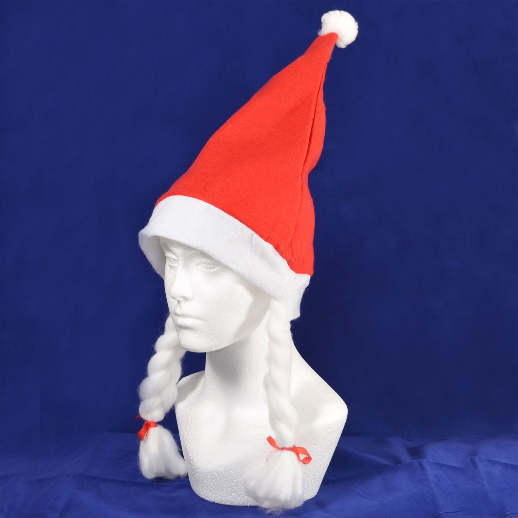 1Pc Santa Hat With Plaits & Ribbon Mrs Miss Santa Claus Xmas Eve Fancy Dress Fun Party Accessories