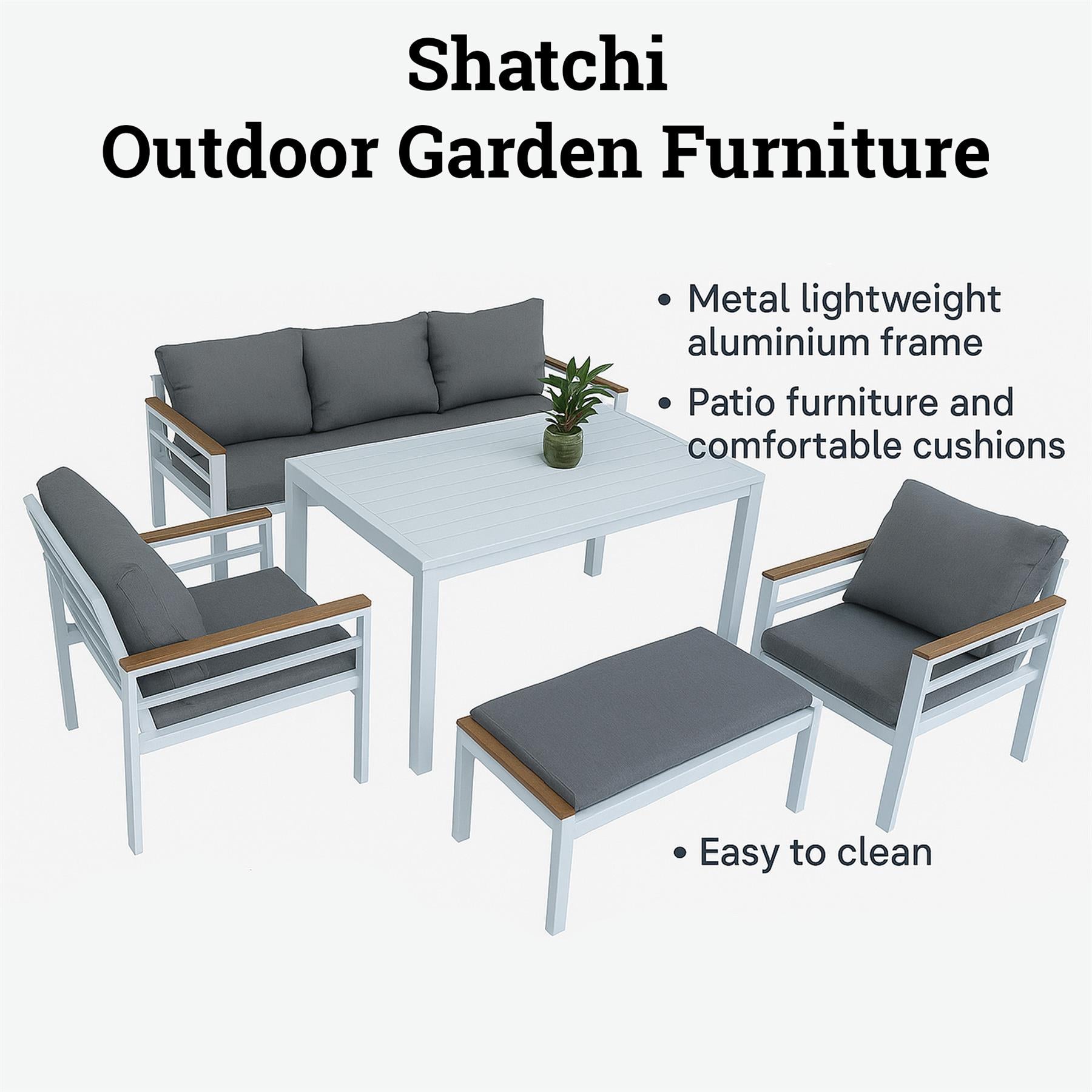 6 Seater Outdoor Garden Sofa Set - Aluminium 5Pcs Garden Furniture Set - White