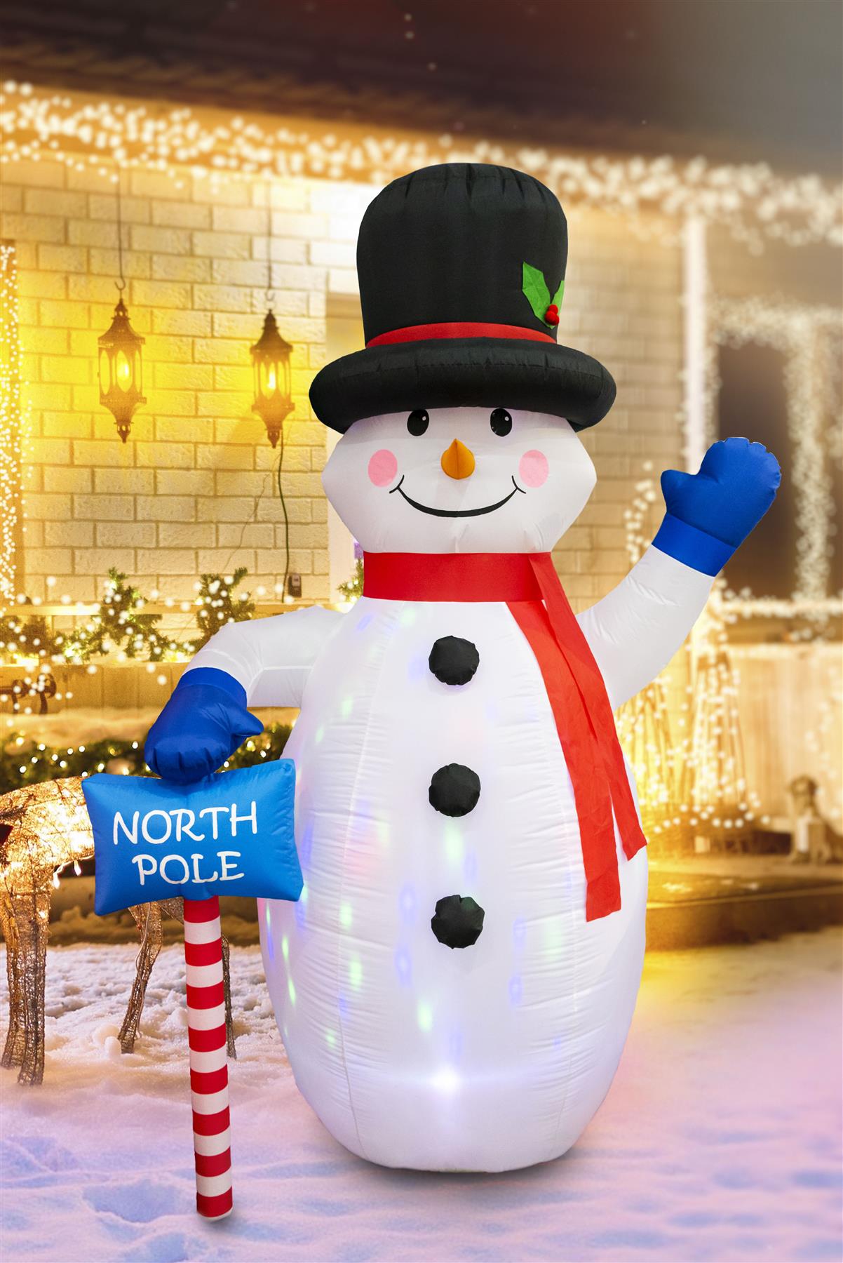 Pre Lit Mains Powered Auto Inflatable North Pole Snowman With 4 Multi Led Lights 1.8M