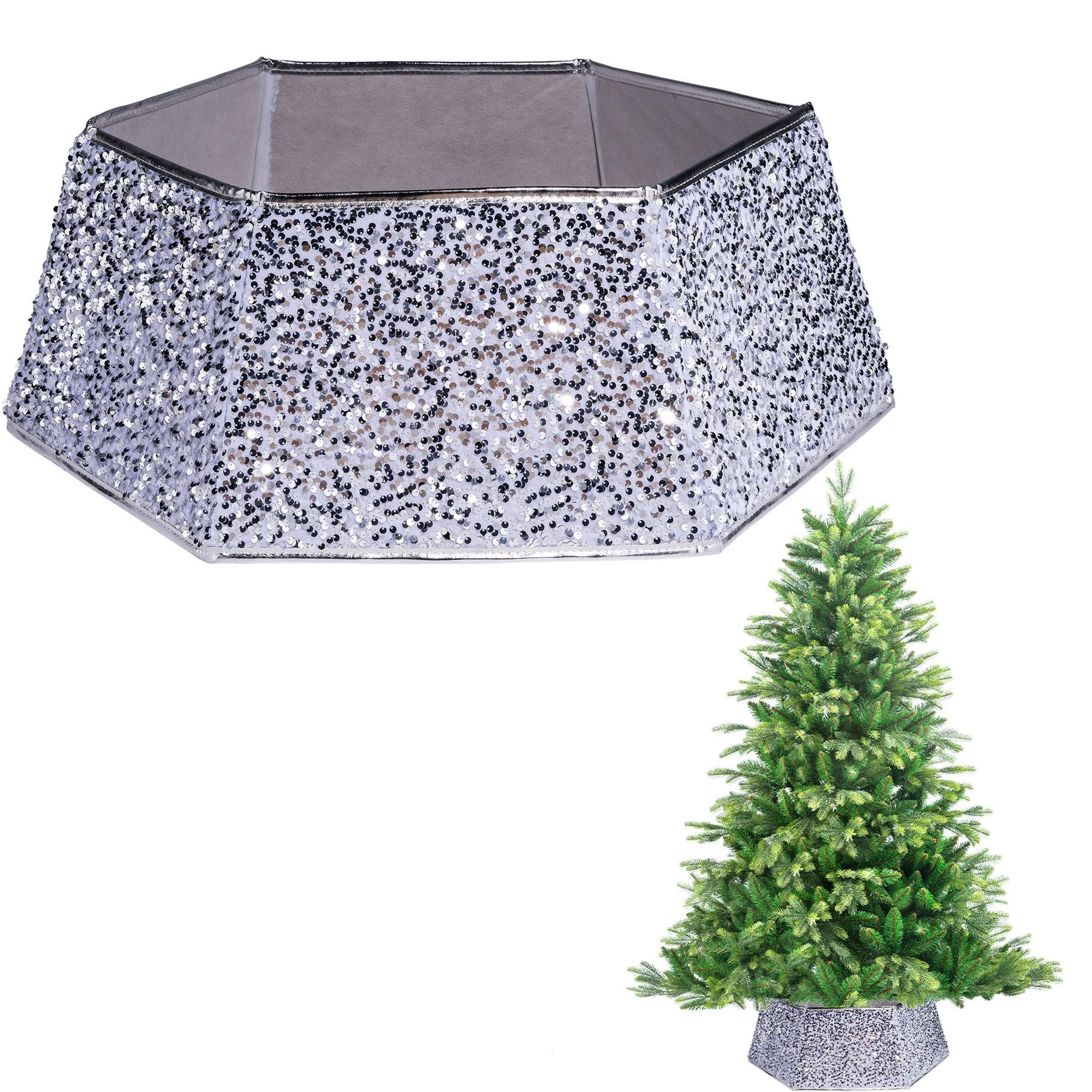 Silver Sequin Hexagon Christmas Tree Collar Fabric - Size: Bottom Dia 26.8Inch, Top Dia 20.75Inch,Height 9.8 Inch